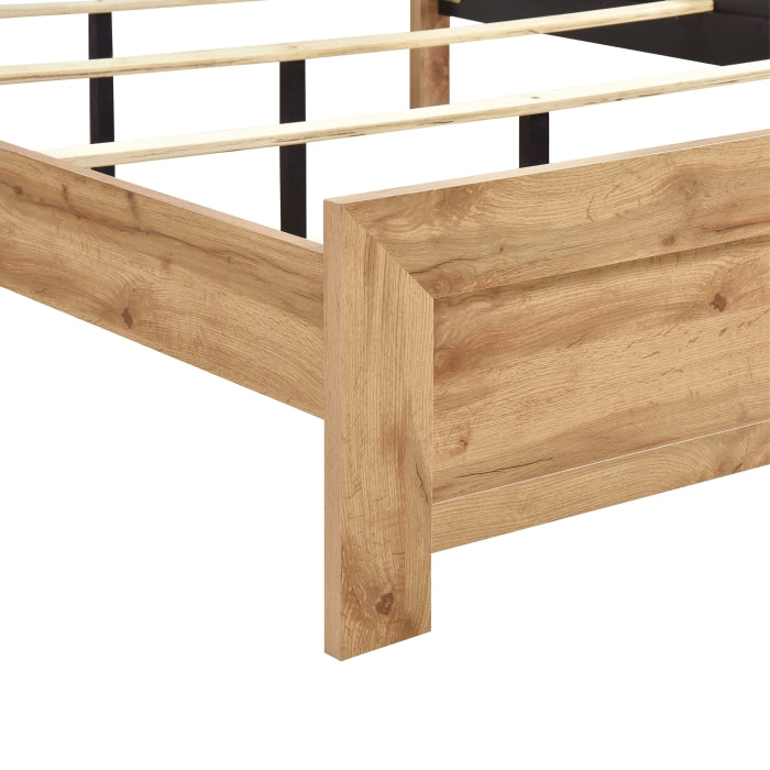 MAZ Corbin Collection bed in light brown wood with detailed close-up showing smooth finish and sturdy construction.