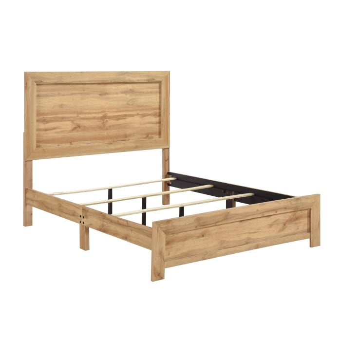 Side view of MAZ Corbin Collection bed in light brown with a modern wooden frame and comfortable headboard.