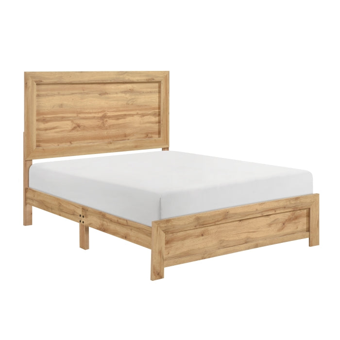 Side view of the Corbin Collection bed in light brown by MAZ, showcasing its modern wooden frame and design details.