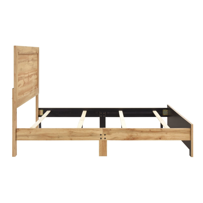 MAZ Corbin Collection bed in light brown with side view, showcasing the sleek wooden frame and modern design.