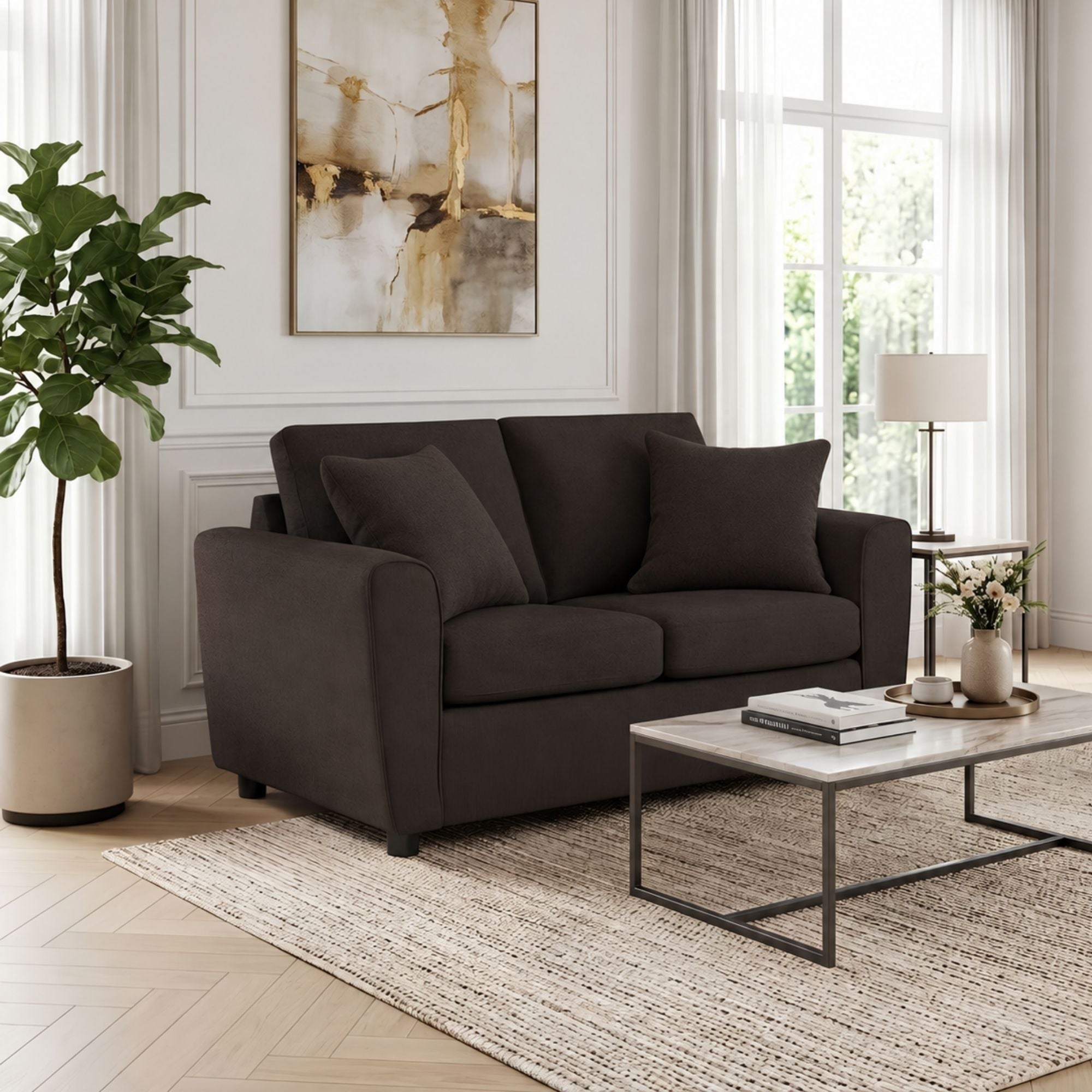Canadian-made Sofa by Fancy Haven compact loveseat in chocolate, featuring plush upholstery and a cozy, modern design.