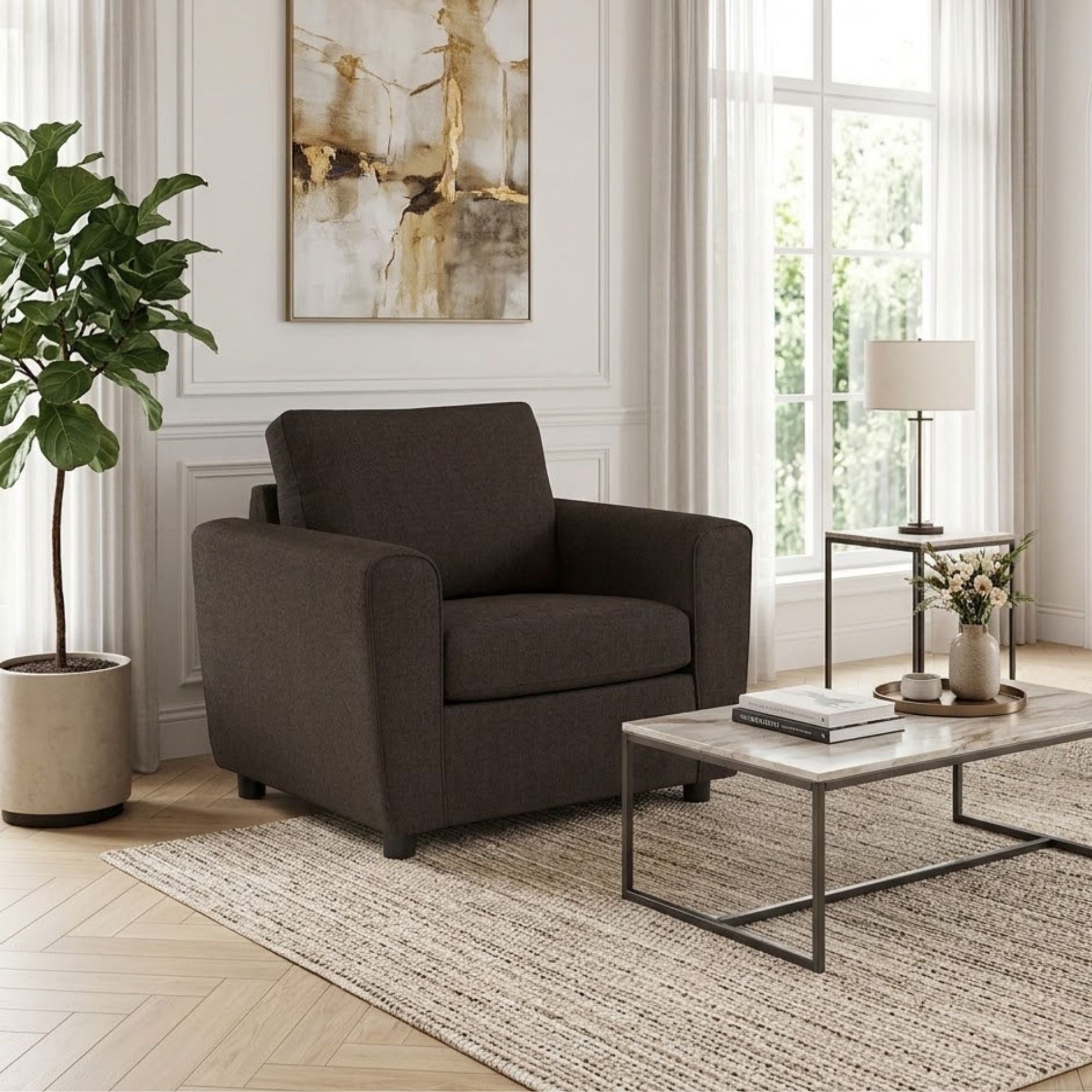 Canadian-made Sofa by Fancy Haven Compact Chocolate Sofa Chair, modern accent chair with plush fabric and sleek design.