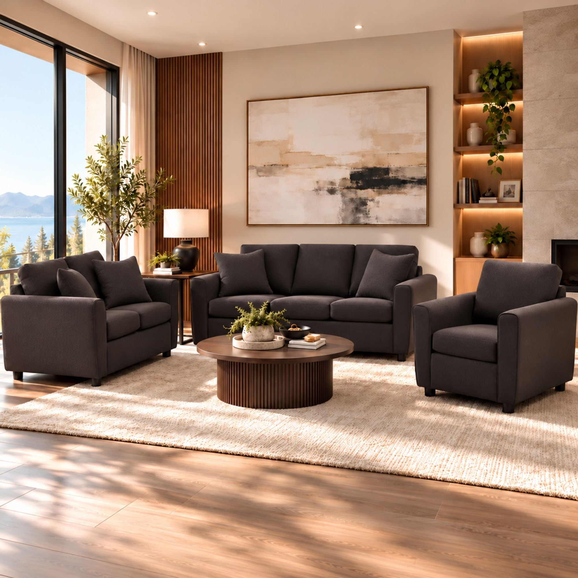 Canadian-made Kingston sofa set in rich chocolate, featuring plush cushions and modern design by Sofa by Fancy.