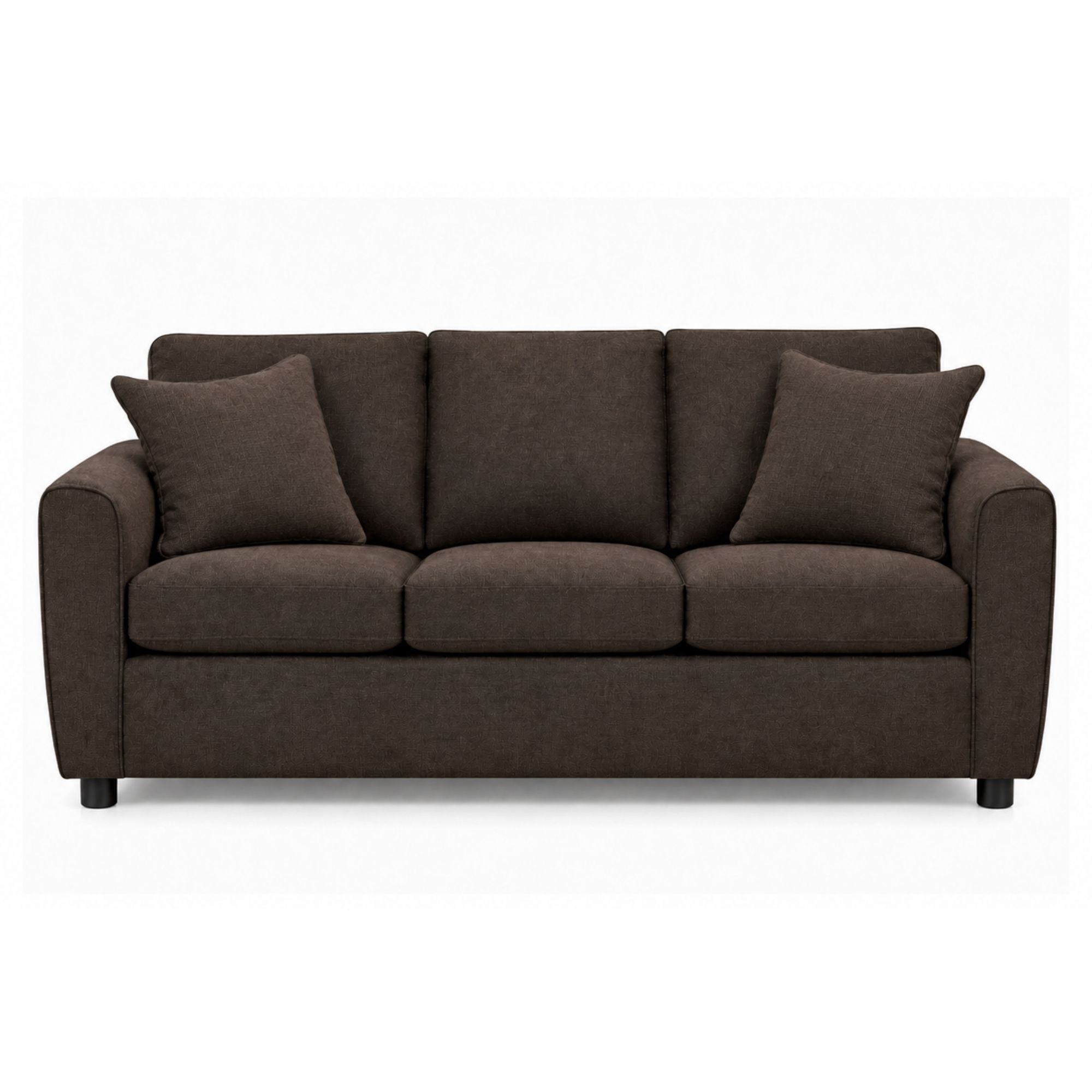 Canadian-made Kingston Sofa Set in rich chocolate fabric, featuring plush cushions and modern design by Sofa by Fancy.