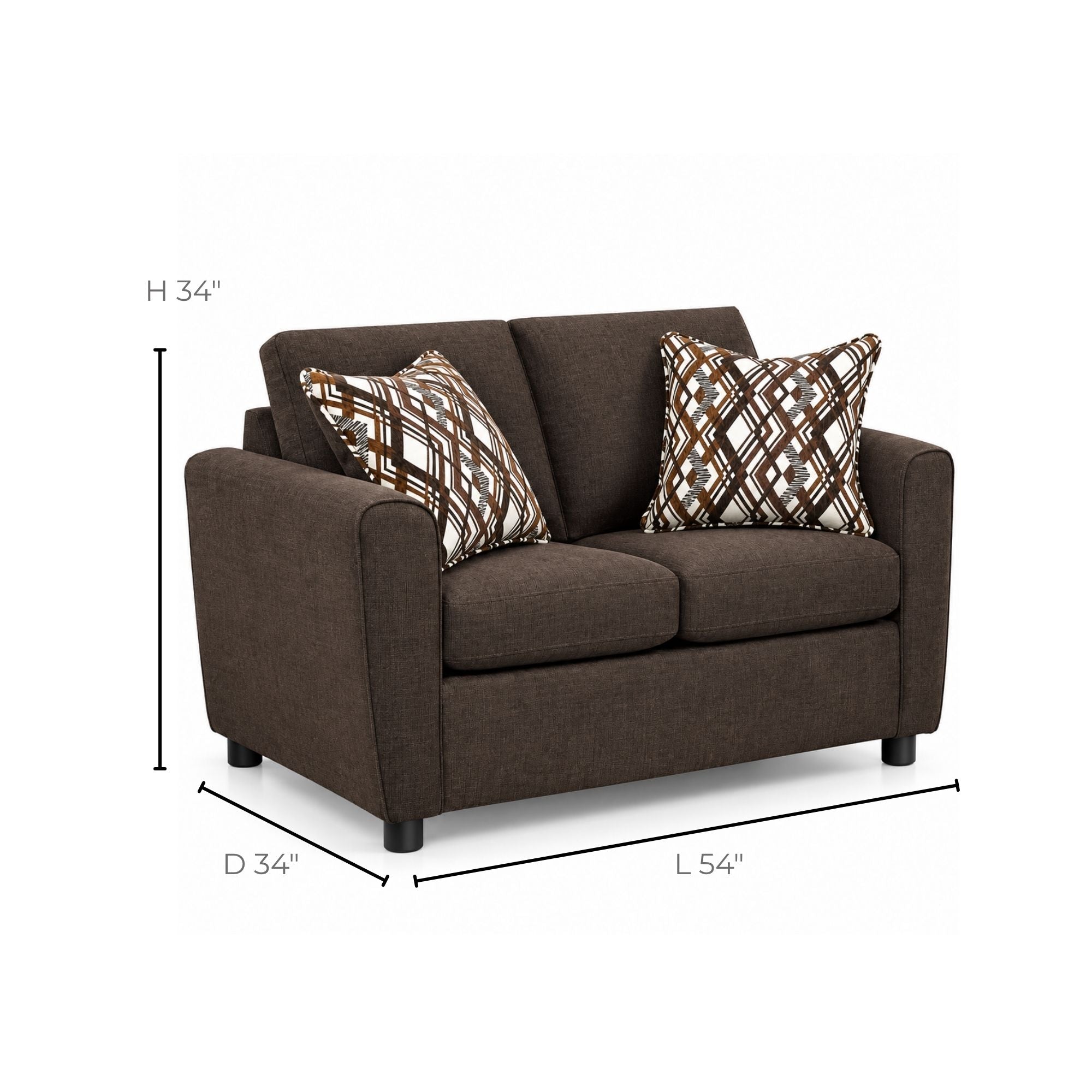 Canadian-made Sofa by Fancy Haven Compact Loveseat in rich chocolate fabric, showcasing plush cushions and modern design.