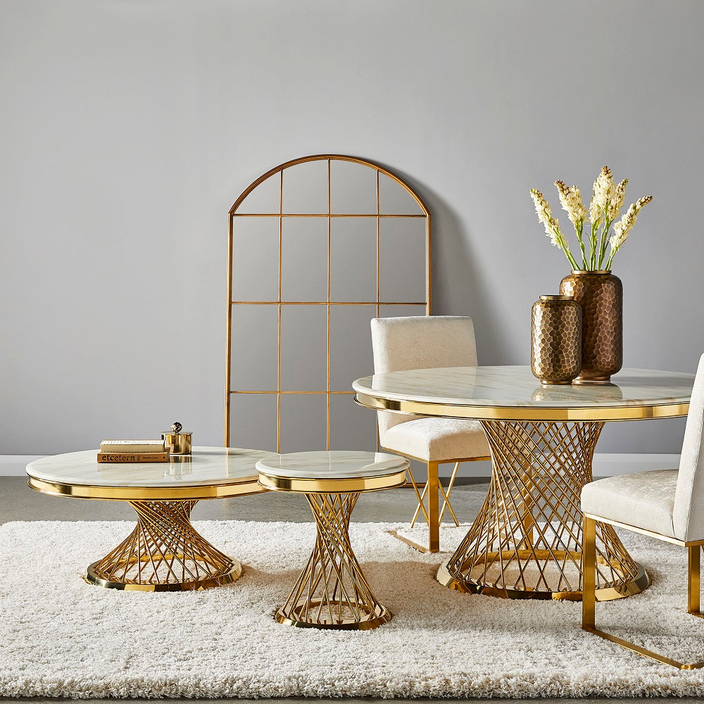 Xcella Bailey end table with a sleek gold finish, featuring a modern design perfect for living room or bedroom decor.