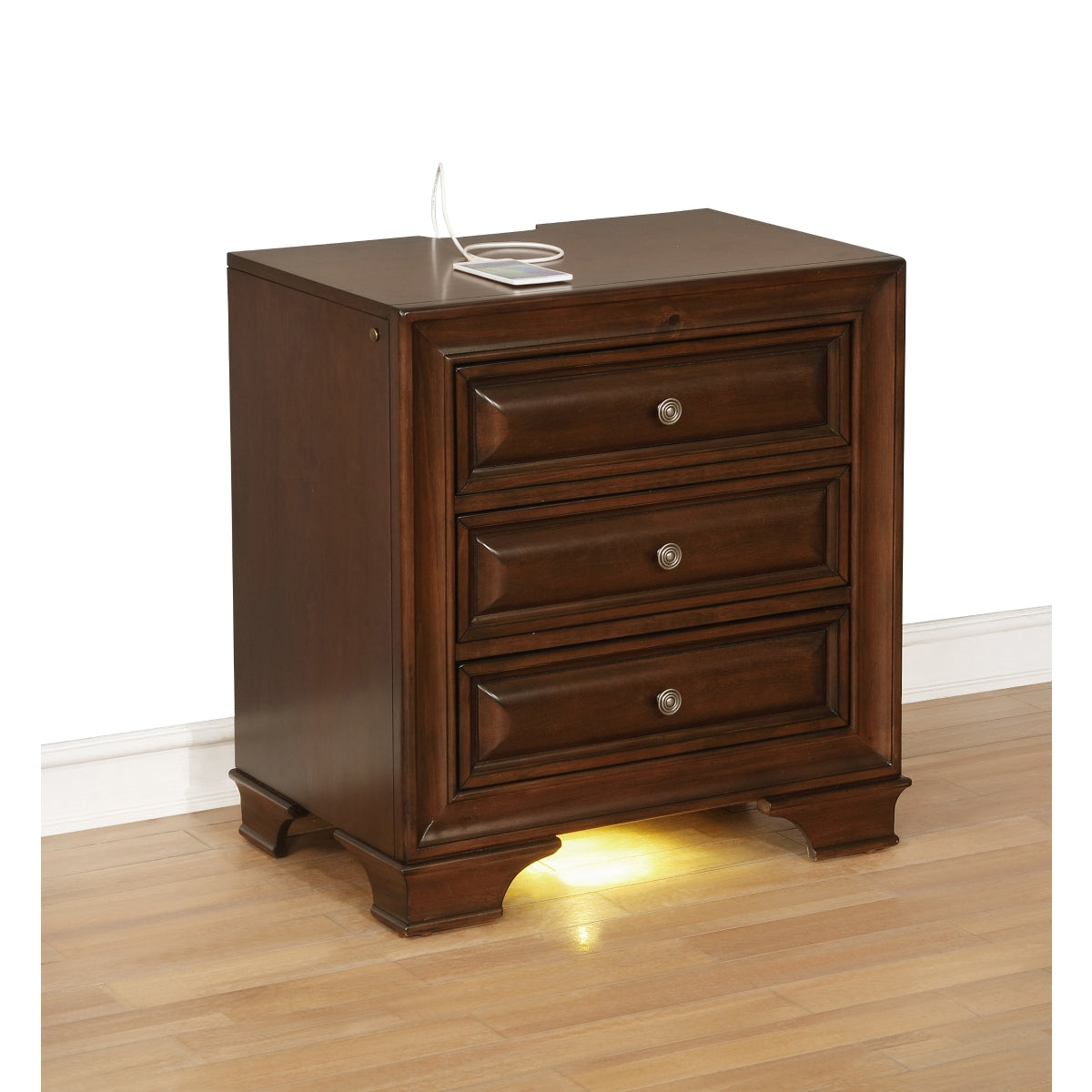 Maz Milton Collection cherry nightstand with built-in light and charging port, showcasing a sleek wooden bedside table design.