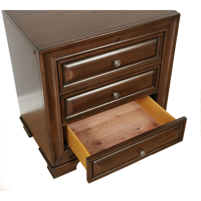 Open drawer of MAZ Milton Collection cherry bedroom set nightstand showing detailed wood finish and storage space.
