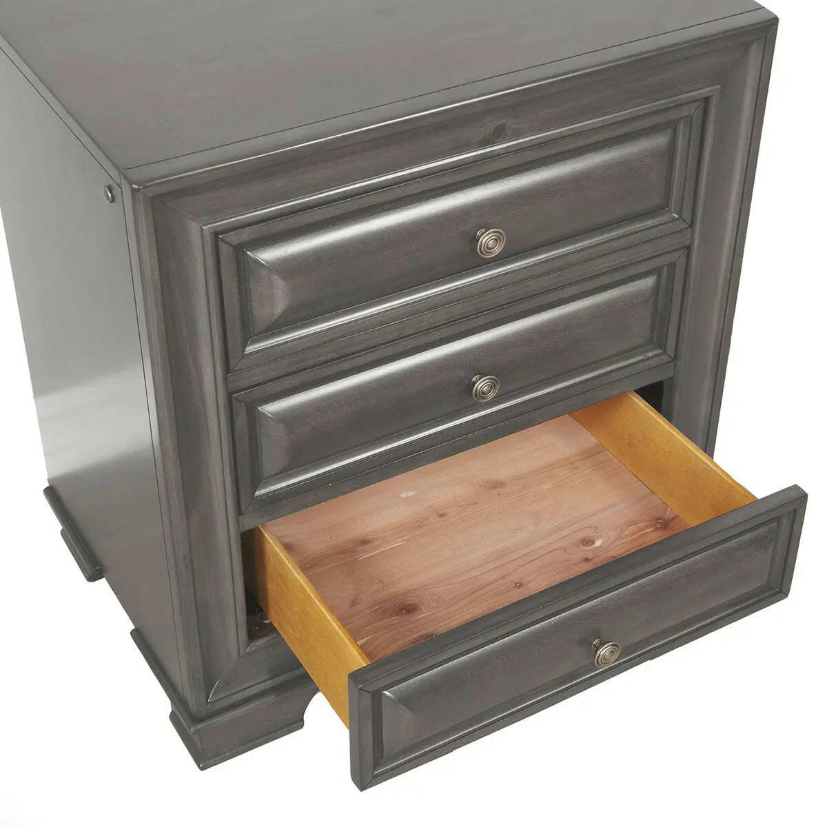 Maz Milton Bedroom Set 1701 in gray, featuring a bed frame and matching nightstands, shown in a modern bedroom setting.