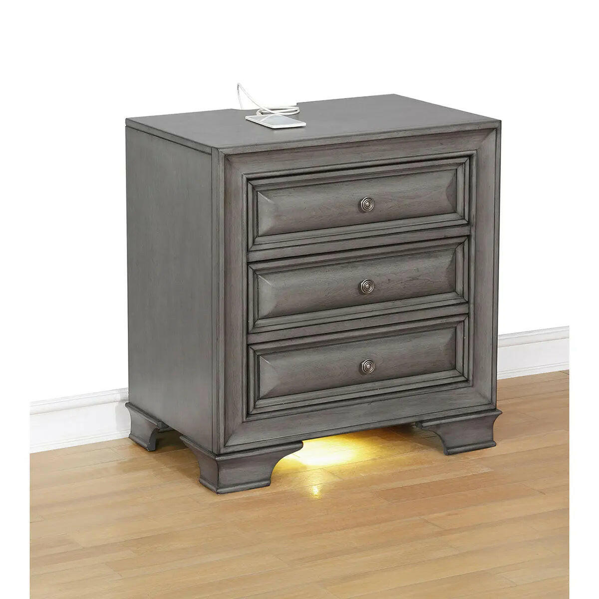 Gray Milton Bedroom Set 1701 by MAZ with a bed, nightstands, and matching furniture, shown in a well-lit bedroom setting.