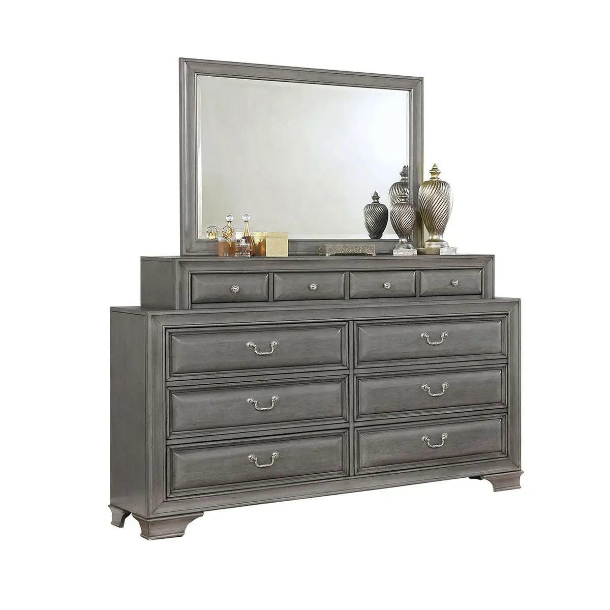 Gray Milton bedroom set 1701 by MAZ featuring a stylish bed frame, matching dresser, and nightstands in a modern design.
