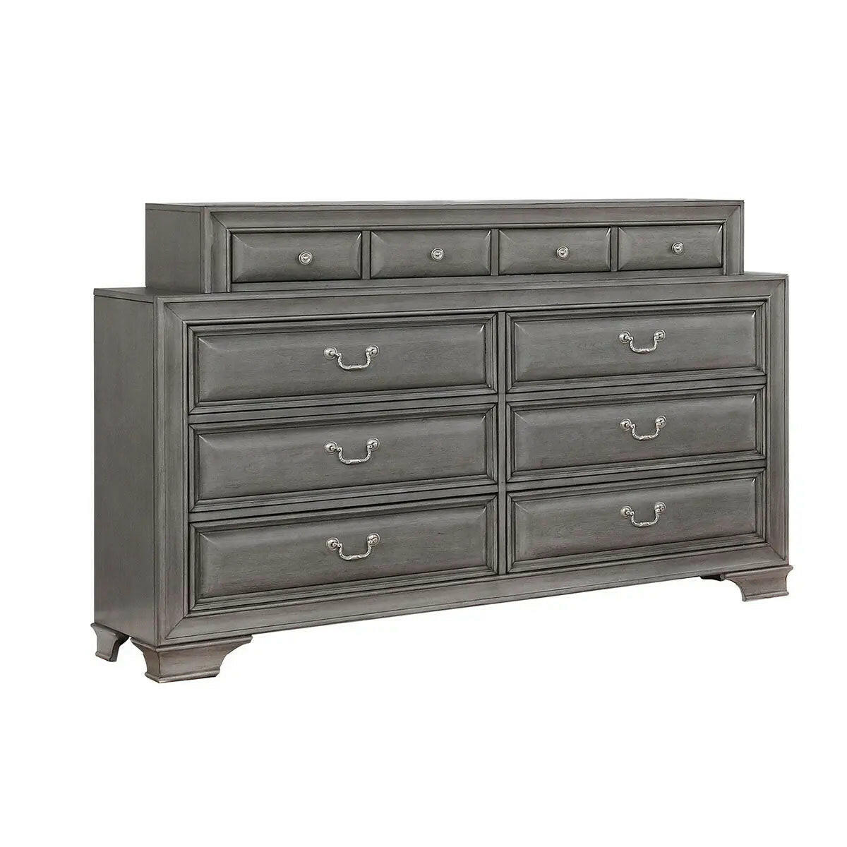Maz Milton Bedroom Set 1701 in gray featuring a dresser with multiple drawers and matching bedroom furniture.