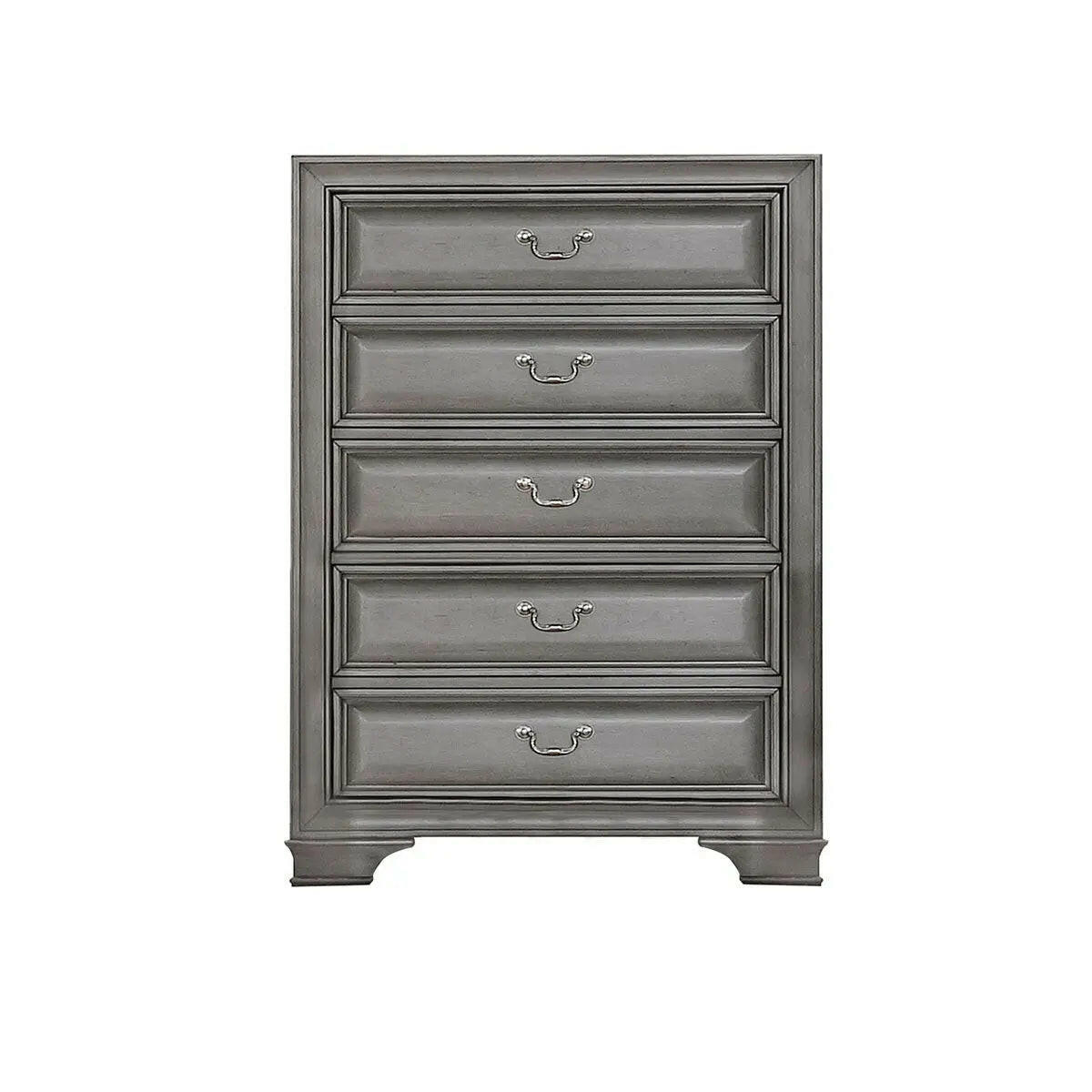 Gray Milton bedroom set by MAZ featuring a bed, chest, and nightstands in a modern style.