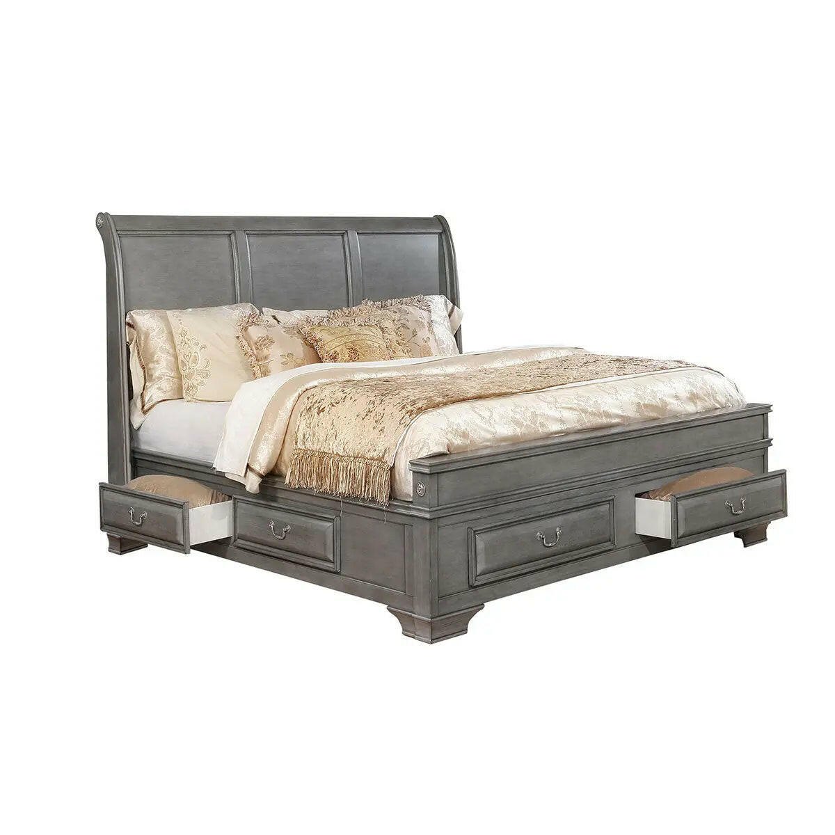 Maz Milton Bedroom Set 1701 in gray, includes bed frame and matching furniture, shown with a modern bedroom setup.