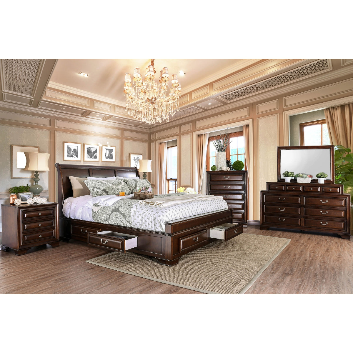 MAZ Milton Collection cherry platform bed shown in a stylish bedroom setting with a modern design and clean lines.