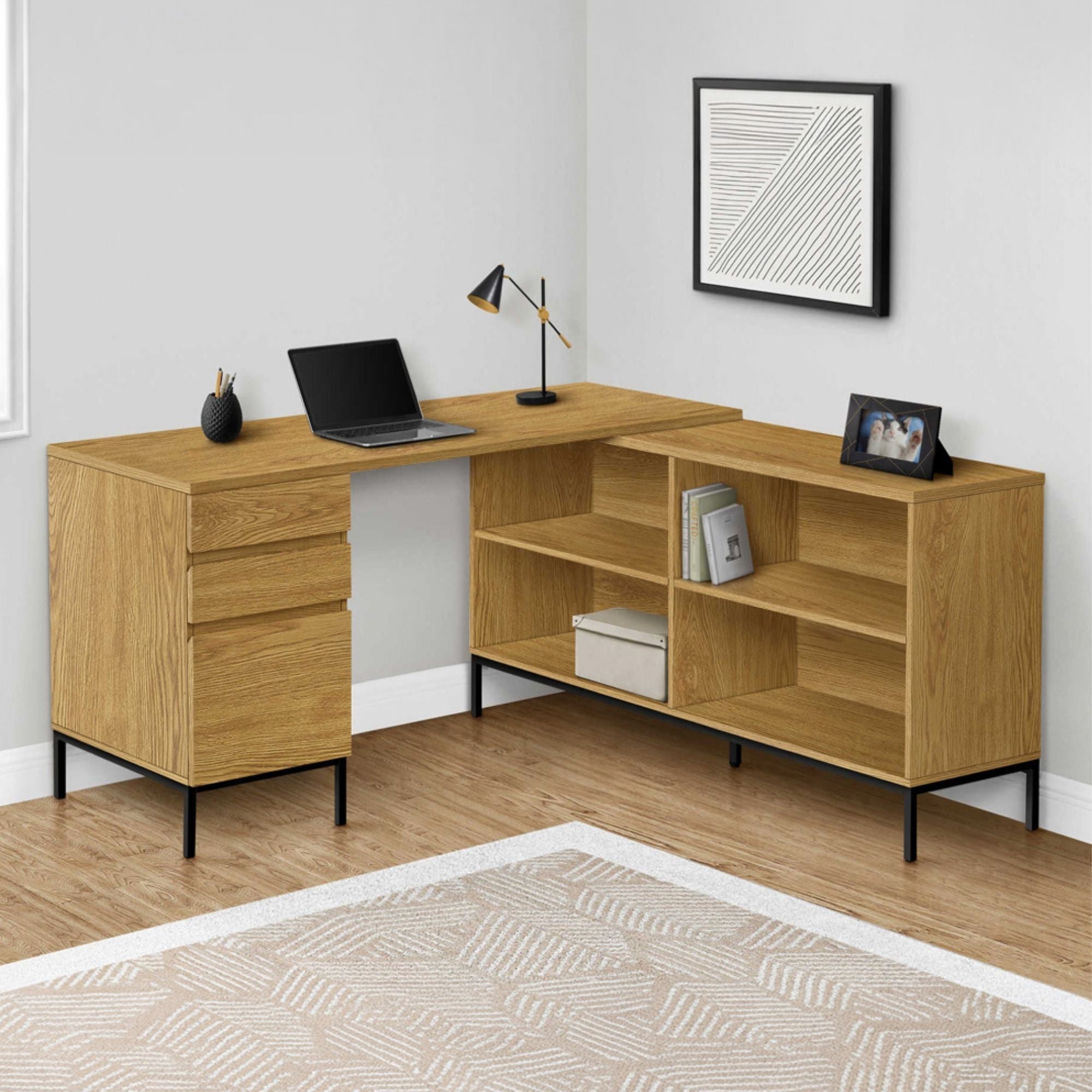 L-shaped office computer desk in light oak finish by Monarch Specialties, featuring a spacious work surface and modern design.