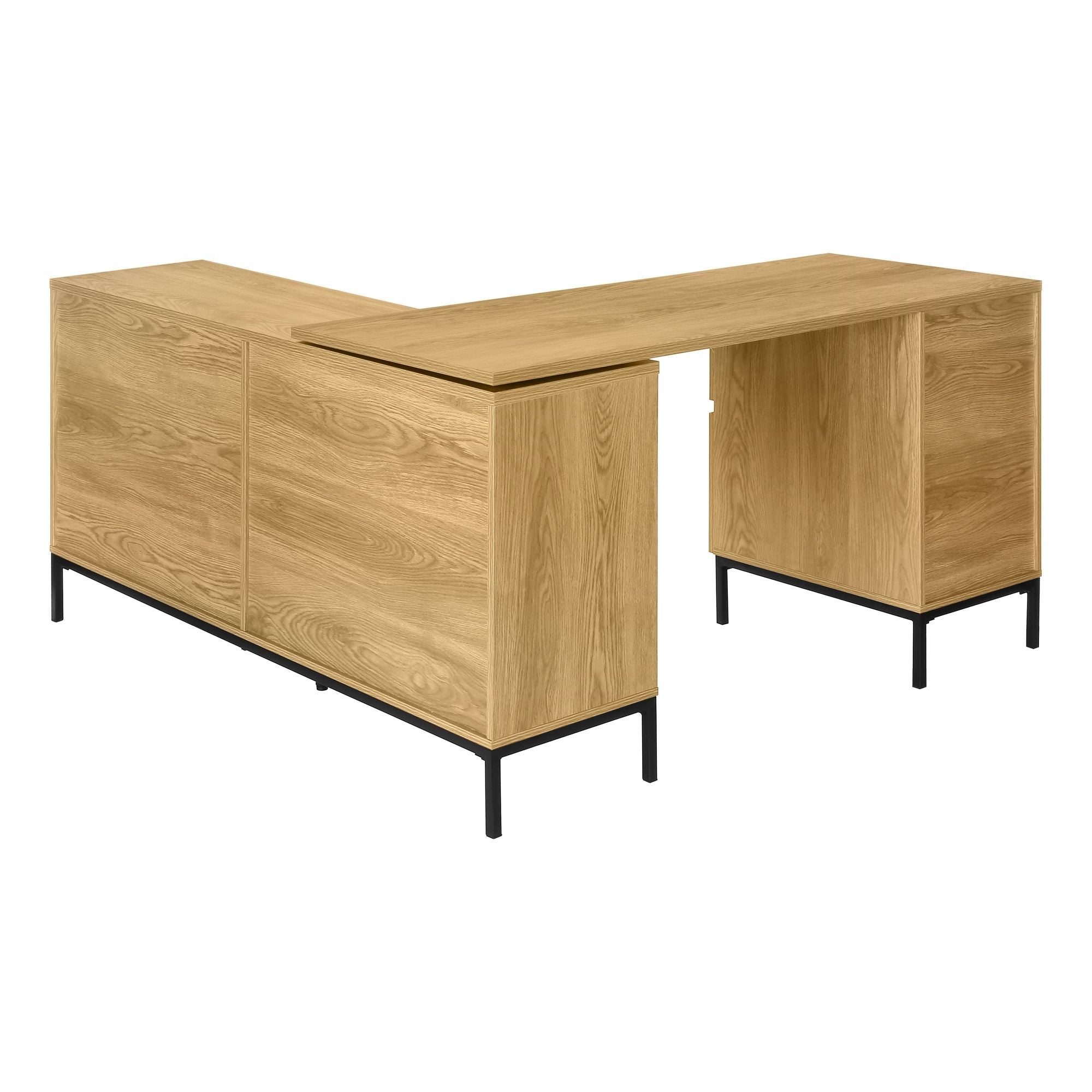 Light oak L-shaped office desk by Monarch Specialties with a spacious work surface and modern design.