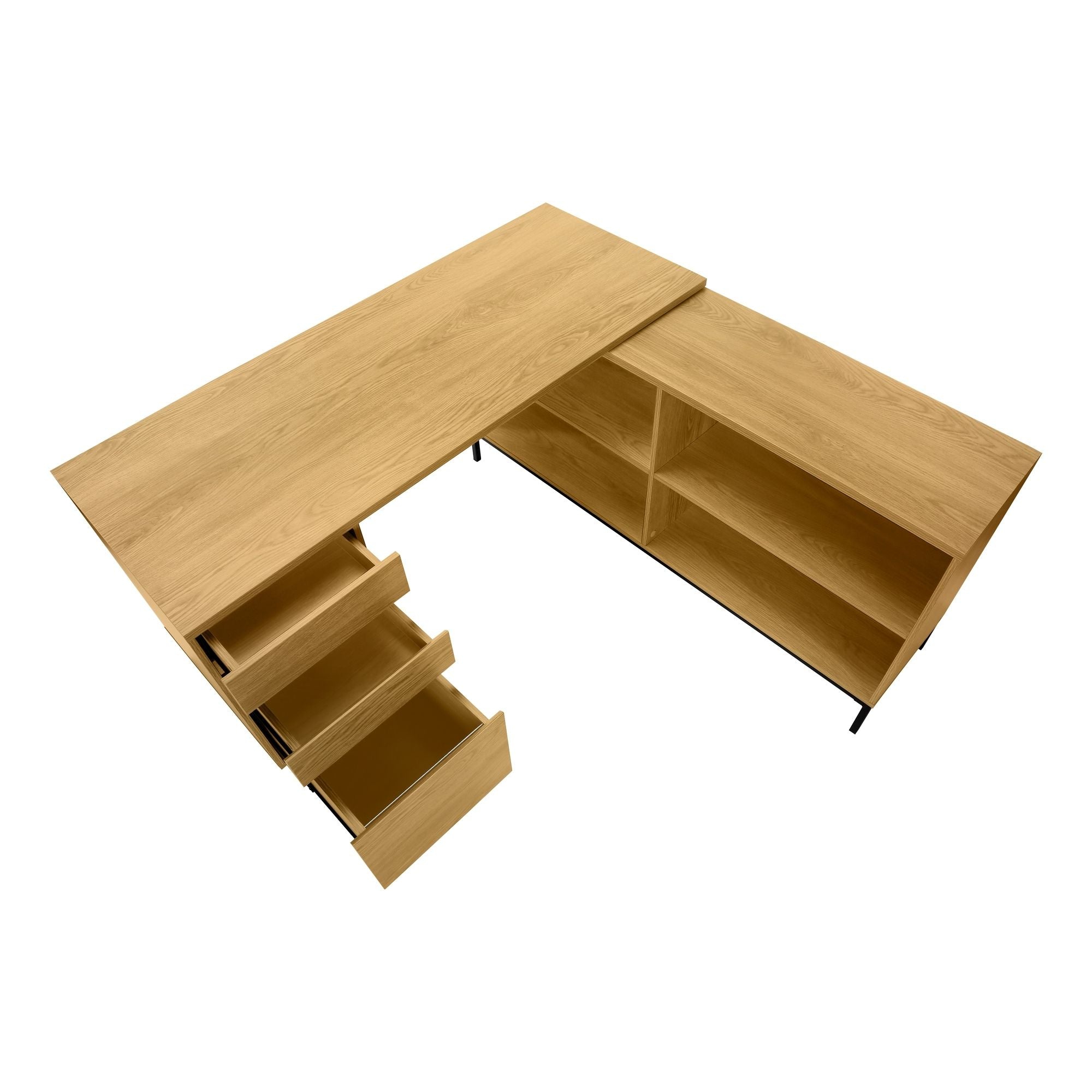 Optera L-shaped office computer desk in light oak finish by Monarch Specialties, showing spacious workspace and modern design.