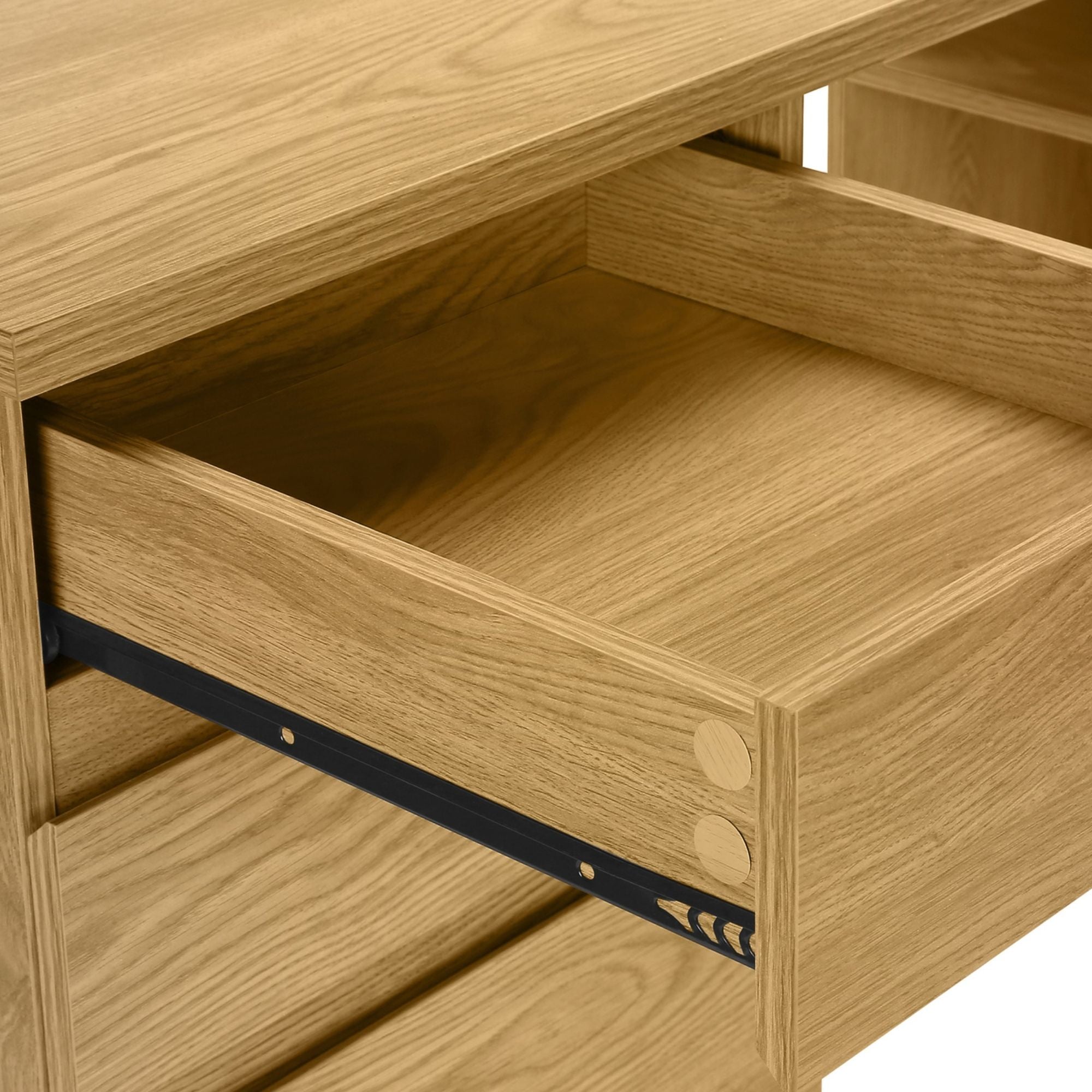 L-shaped office computer desk in light oak finish by Monarch Specialties, featuring a spacious workspace and modern design.