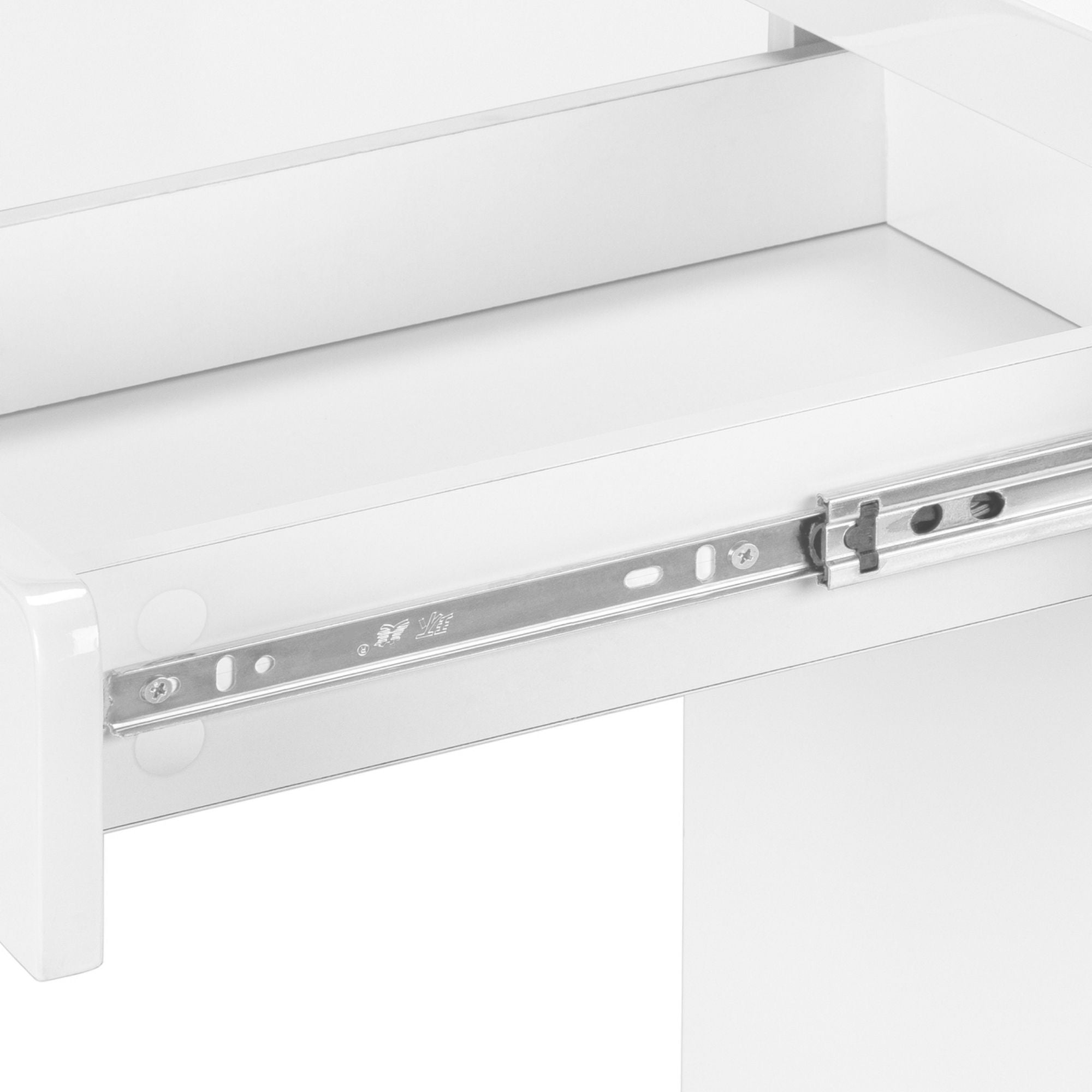 Glossy white L-shape computer desk by Monarch Specialties, featuring a modern design and spacious work surface.