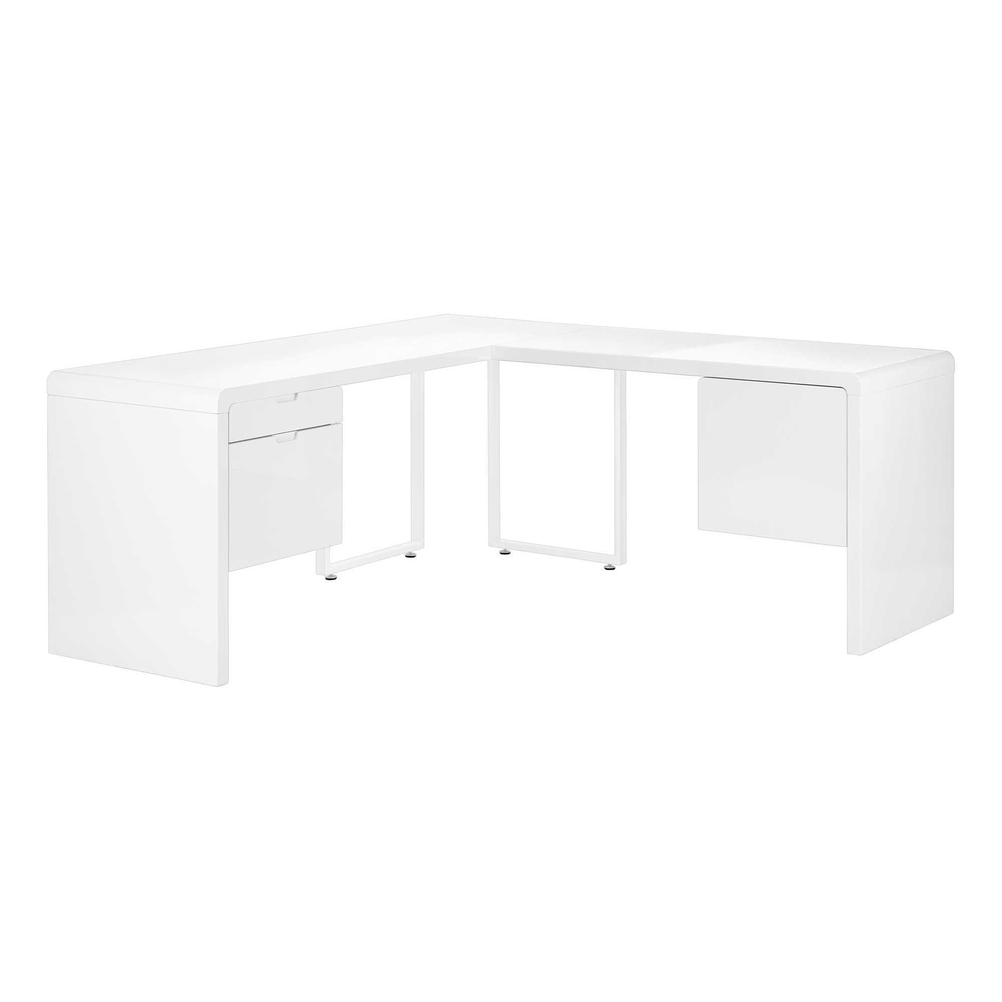 Glossy white L-shape computer desk by Monarch Specialties, featuring a modern design and spacious workspace.
