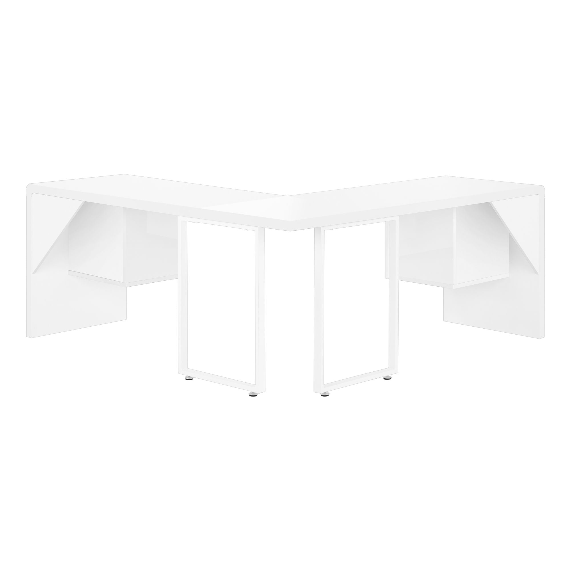 Glossy white L-shape computer desk by Monarch Specialties, showcasing modern design and spacious workspace.