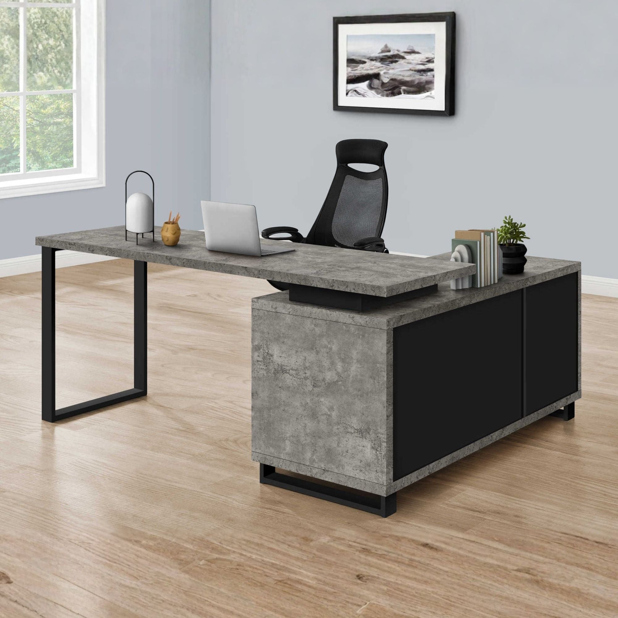 Grey and black Nexora 72-inch office computer desk by Monarch Specialties with a modern, spacious tabletop and sturdy metal legs.