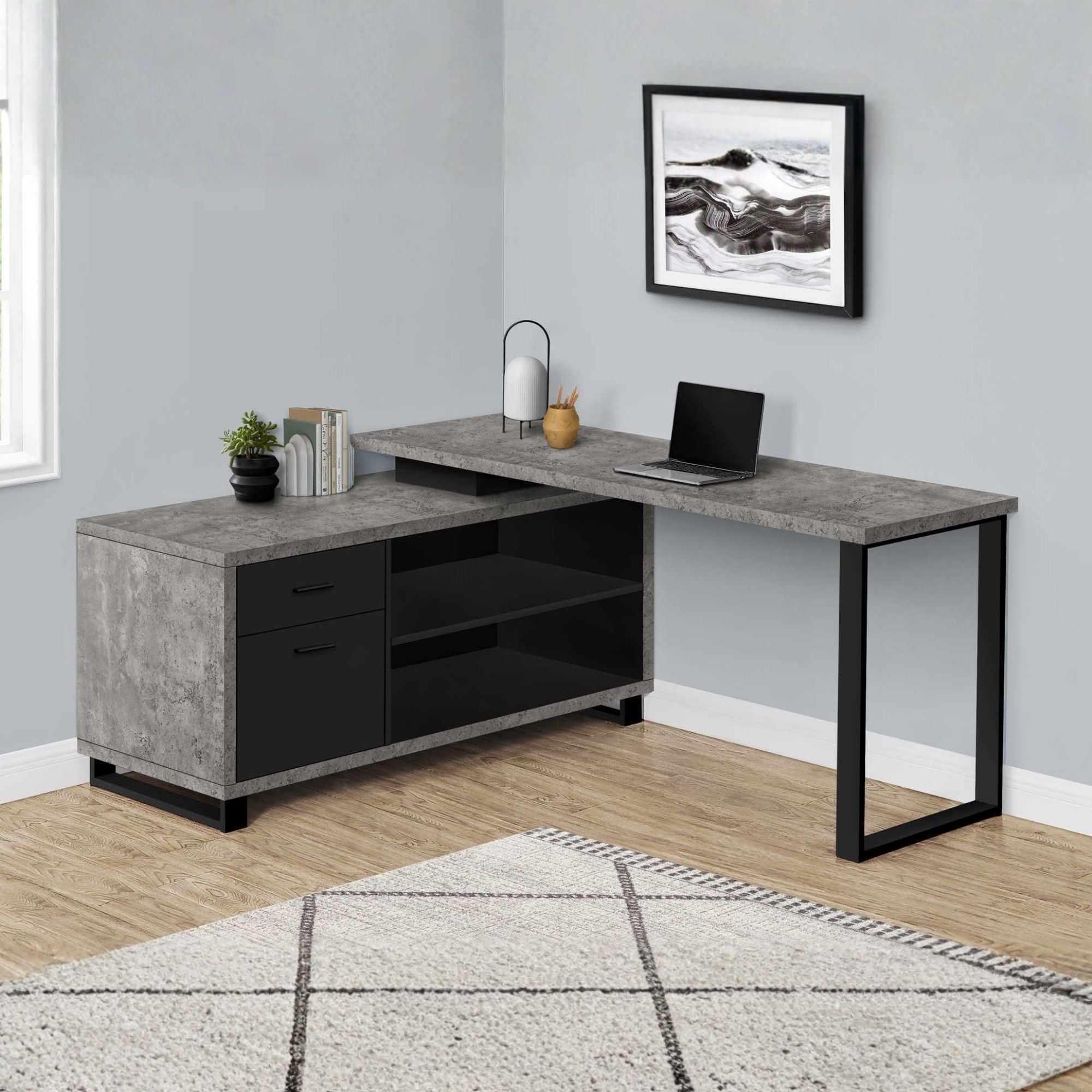 Monarch Specialties Nexora 72-inch grey and black office computer desk with a modern concrete finish and spacious workspace.