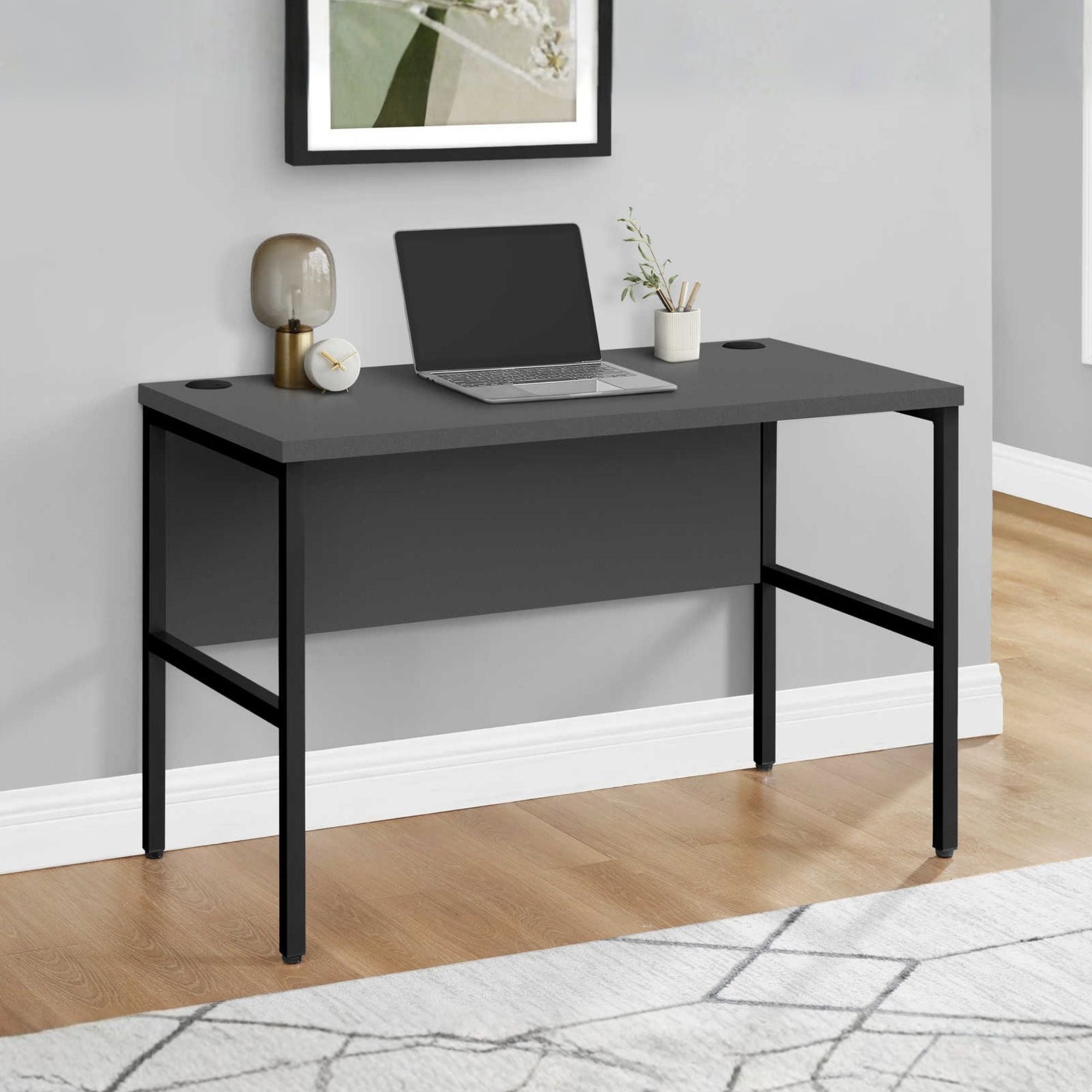 Monarch Specialties Deskora 48-inch office computer desk with a sleek black finish and modern design, ideal for workspace setup.