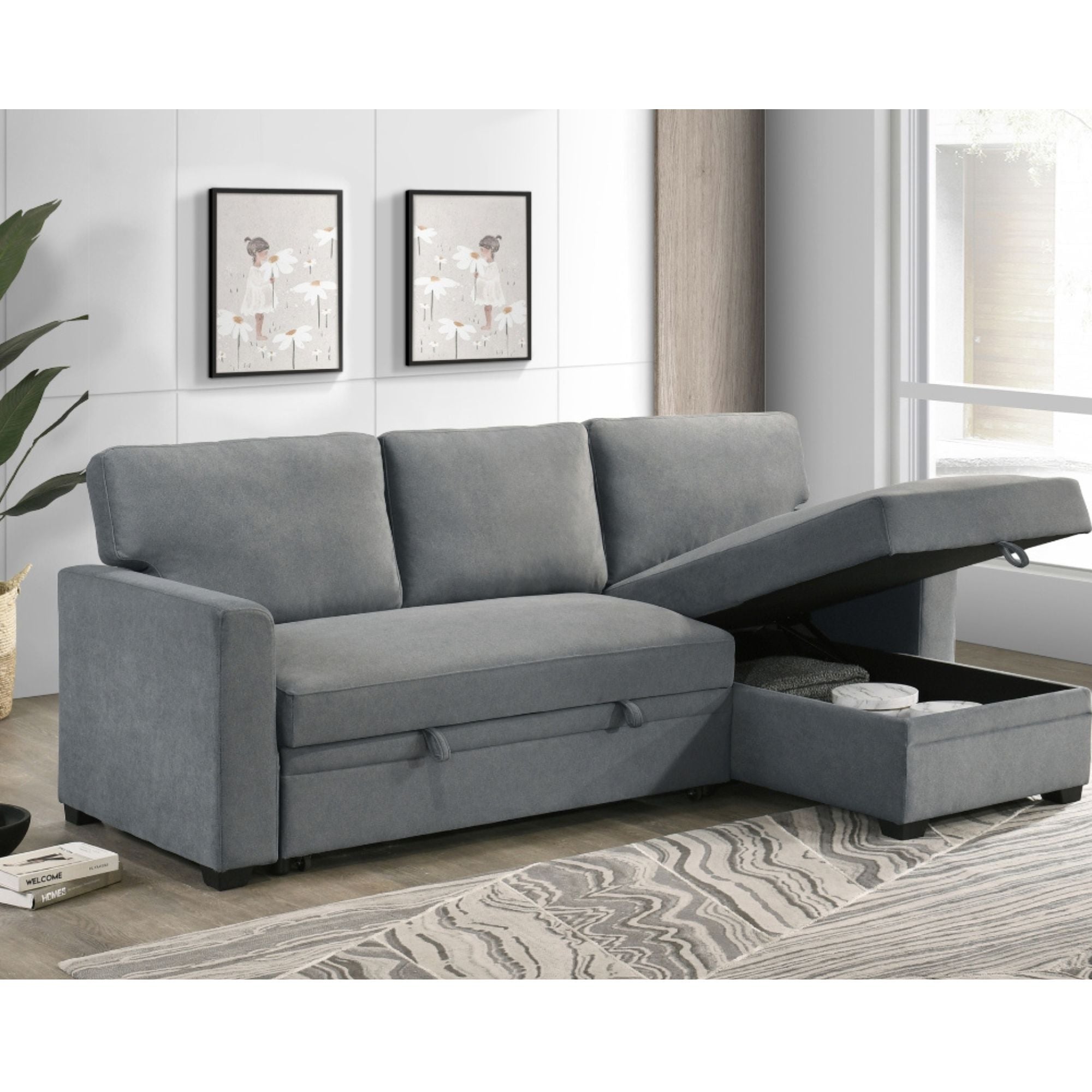 Ariadne 2-piece grey sectional sofa by MAZ, showcasing modern fabric upholstery and spacious lounging configuration.
