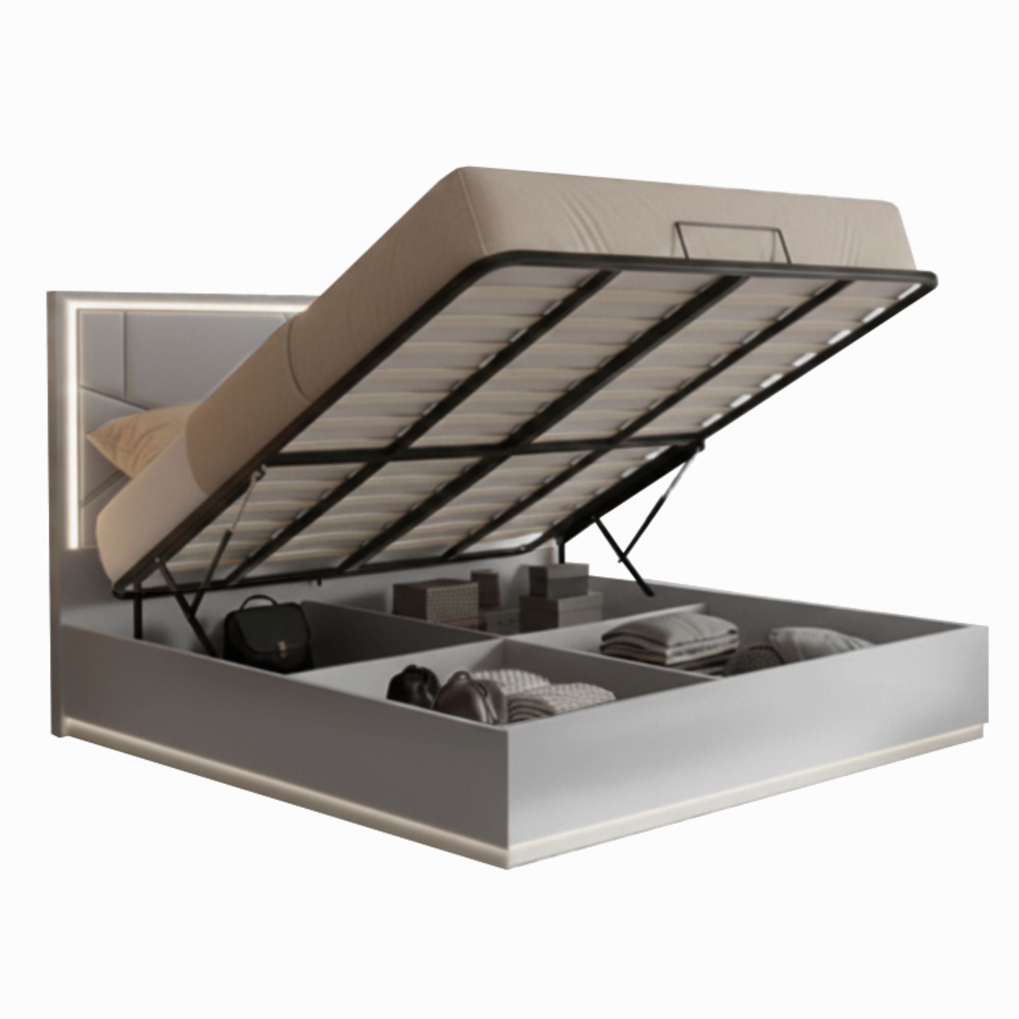 Tresoria Lacquer Finish Lift-Up Storage Bed in Light Grey | CastleUp Experience Centre