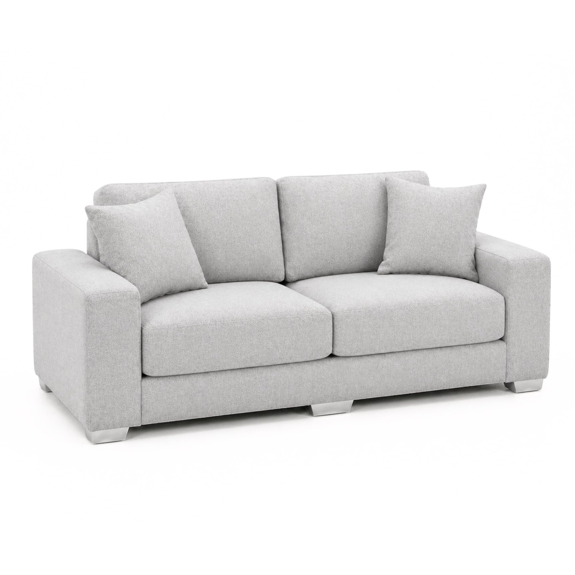 Light grey Canadian-made loveseat with chrome legs, stylish and comfortable A.C. sofa for modern living rooms.