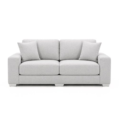 Light grey Canadian-made loveseat with chrome legs, stylish and comfortable A.C. brand sofa for modern living spaces.