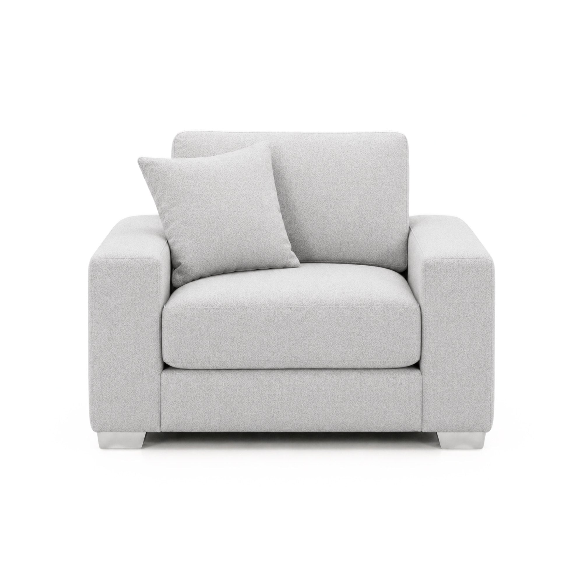 Light grey Canadian-made accent chair with chrome legs, stylish and modern A.C. brand furniture for contemporary living spaces.