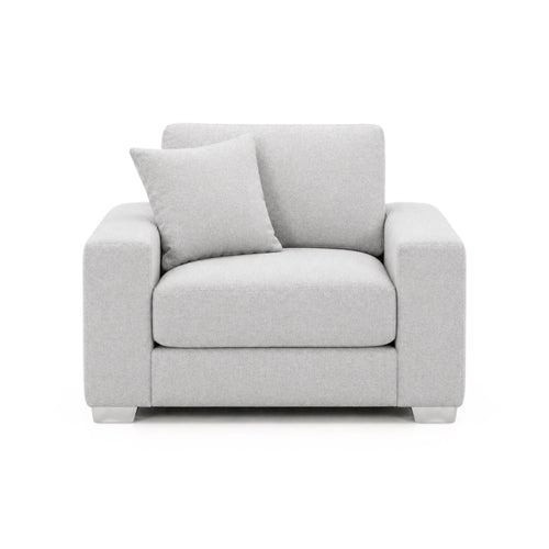 Light grey Canadian-made accent chair with chrome legs, stylish and modern A.C. brand furniture for contemporary living spaces.