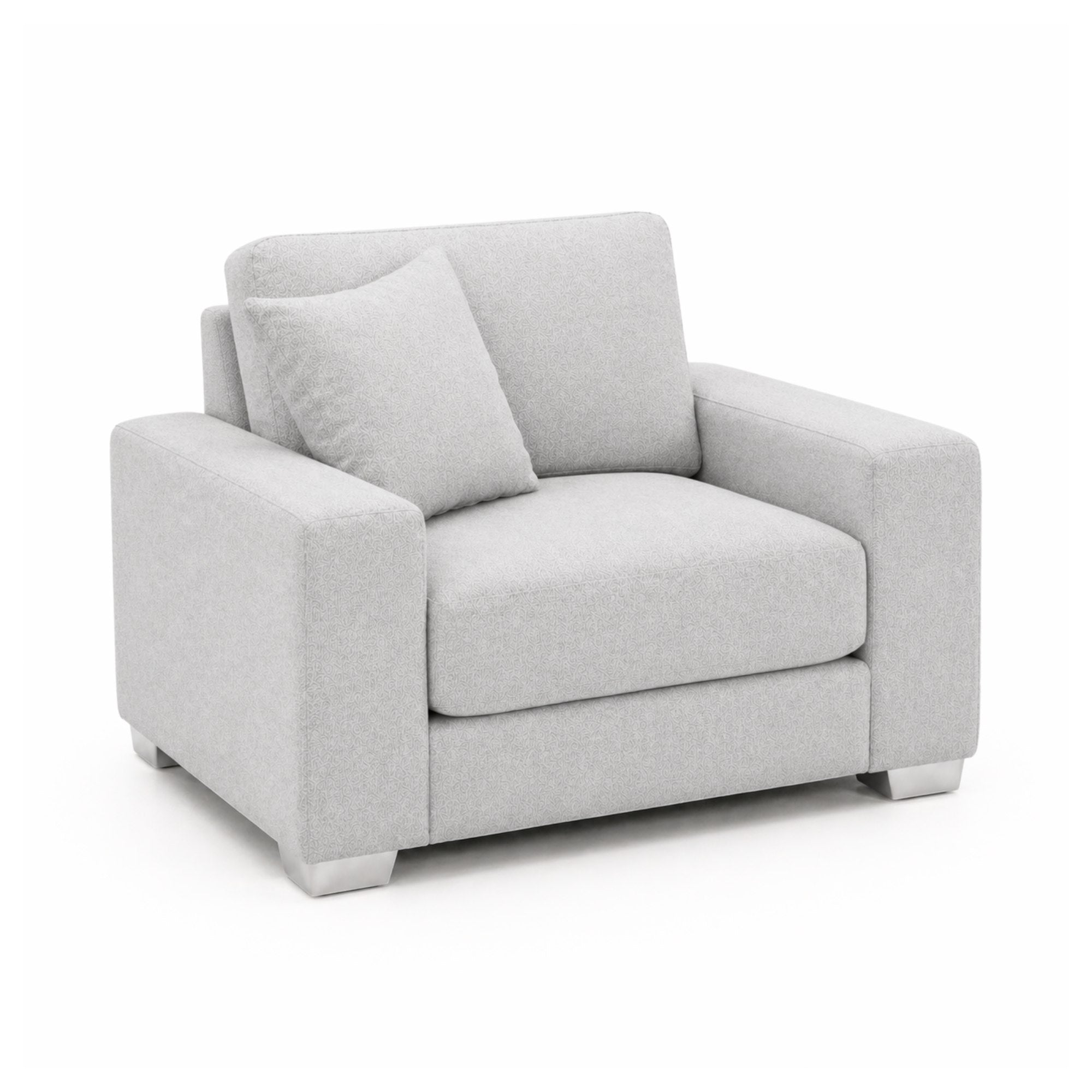 A Canadian-made light grey accent chair with sleek chrome legs, showcasing modern design and comfortable seating.