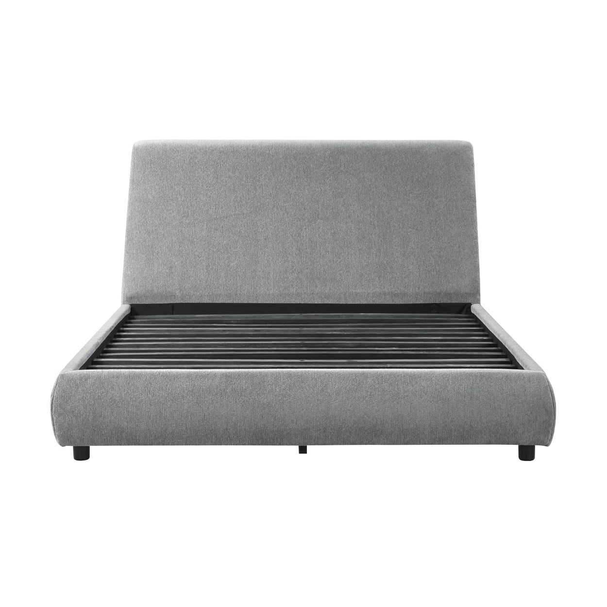 MAZ Alford Collection upholstered platform bed with padded headboard and sleek design, shown in a modern bedroom setting.