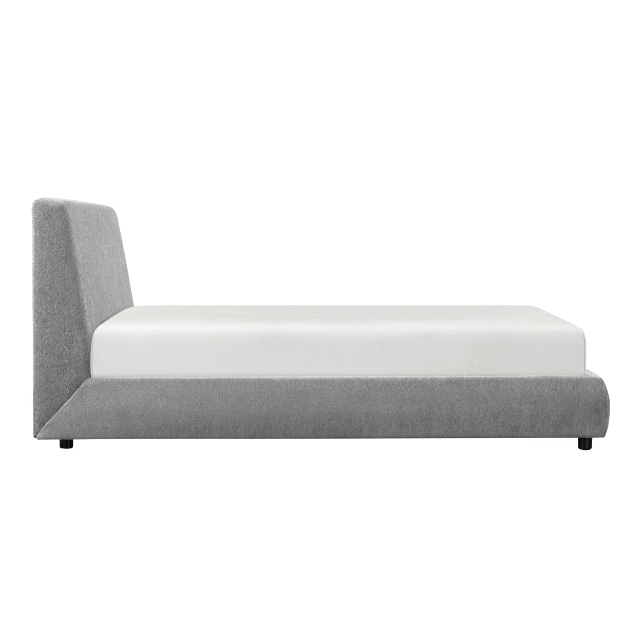 MAZ Alford Collection upholstered platform bed with a padded headboard and sleek design, shown in a modern bedroom setting.