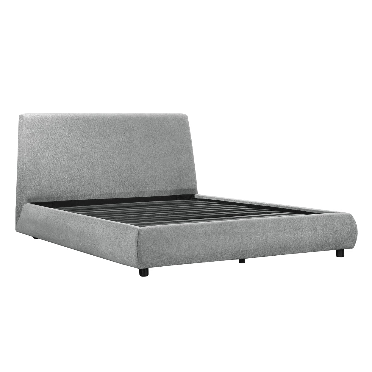 MAZ Alford Collection upholstered platform bed with beige fabric and wooden legs, shown in a modern bedroom setting.