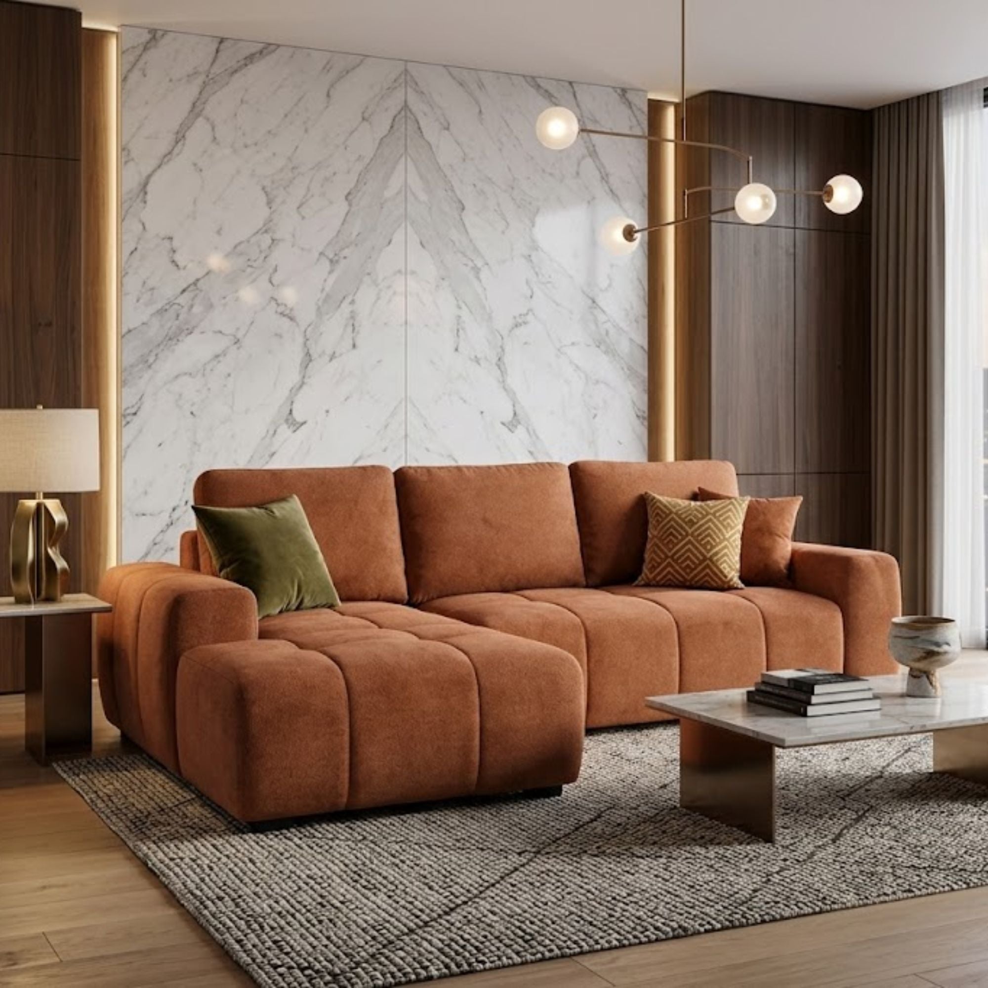 Brassex CloudNine LHF sectional sleeper in burnt orange fabric, showing the modern sectional with plush cushions and built-in sleeper feature.