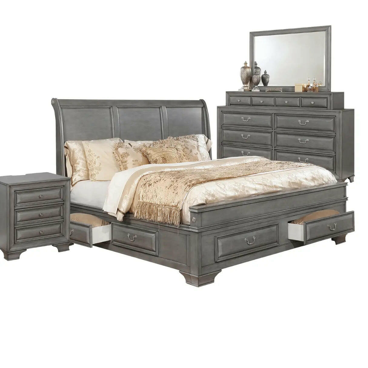 Maz Milton Bedroom Set 1701 includes a bed, nightstands, and dresser in a modern bedroom furniture design.