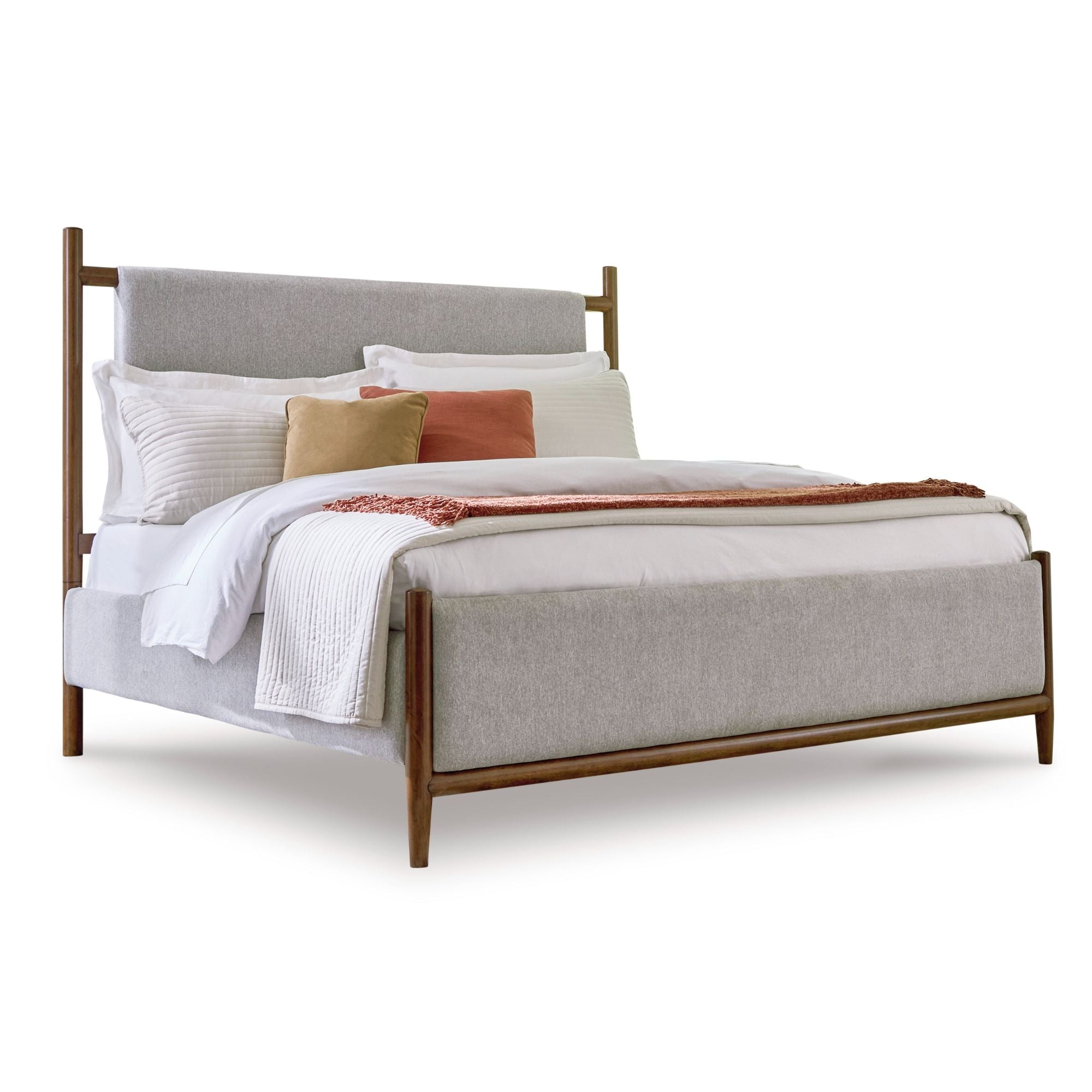 Signature Ashley Lyncott Upholstered Panel Bed with beige fabric and modern headboard design, shown in a well-lit bedroom setting.