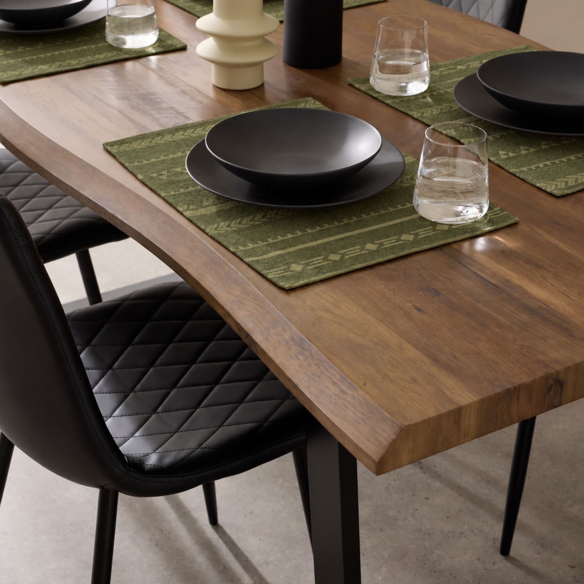Natural Dining Set with Black Faux Leather Chairs