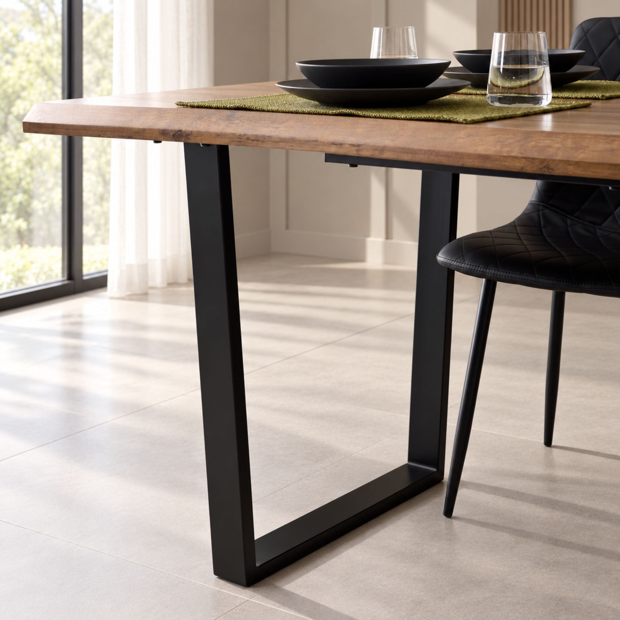 Natural Dining Set with Black Faux Leather Chairs