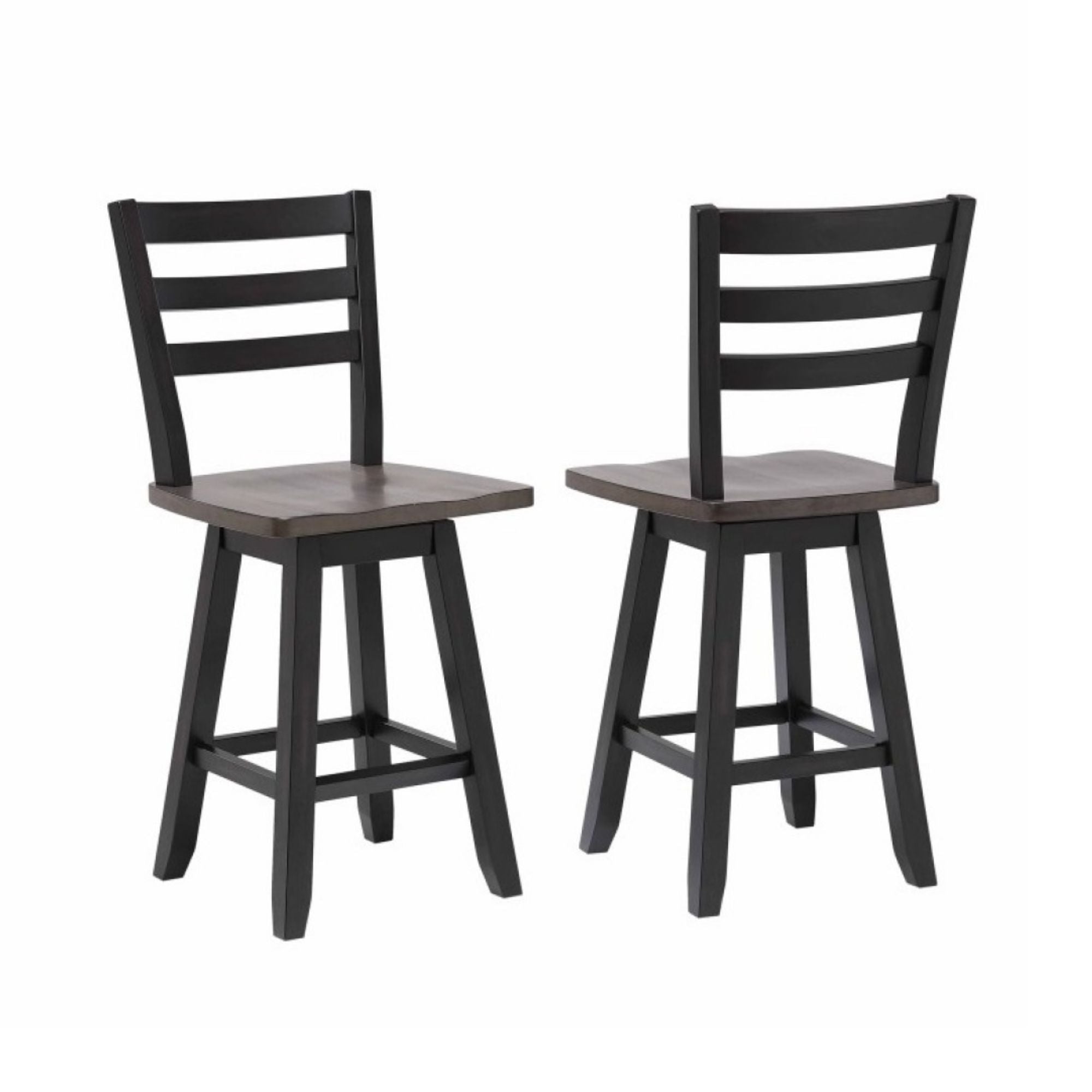 Set of two Brassex counter height swivel bar stools in oak and dark grey with wooden legs and cushioned seats.