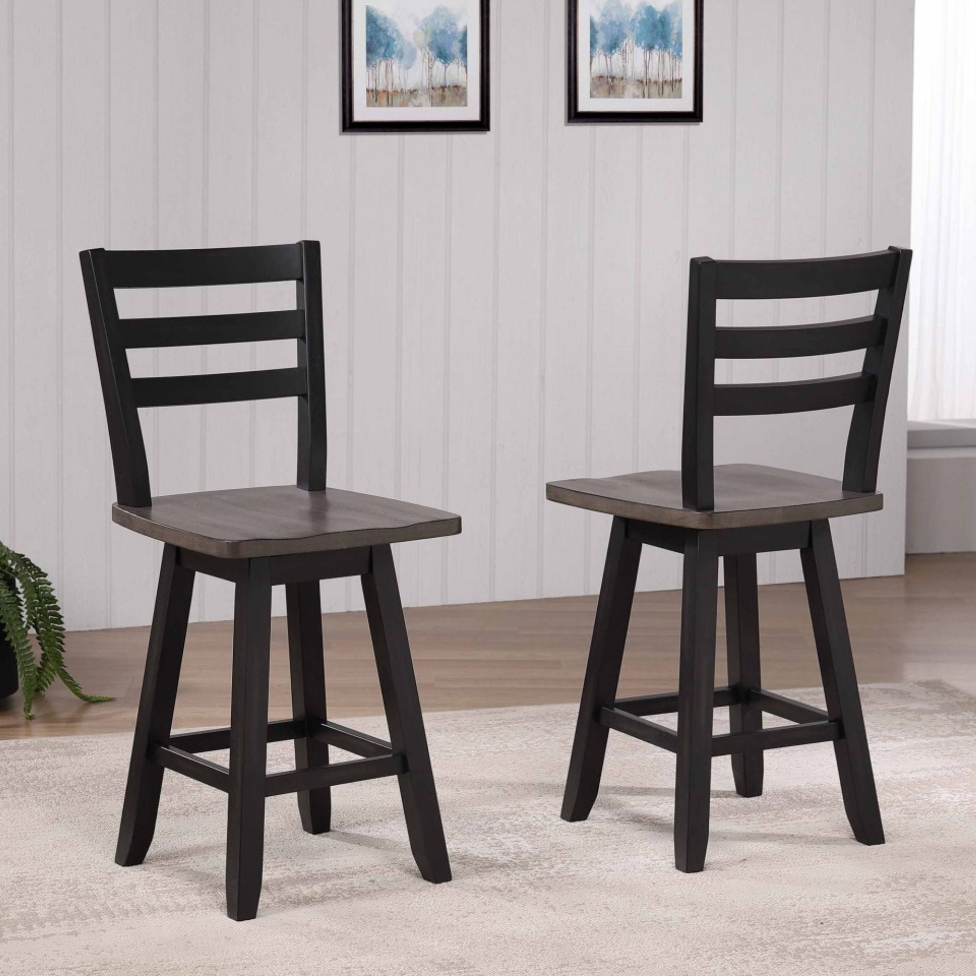 Set of two Brassex counter height swivel bar stools with oak finish and dark grey seats, featuring modern design.