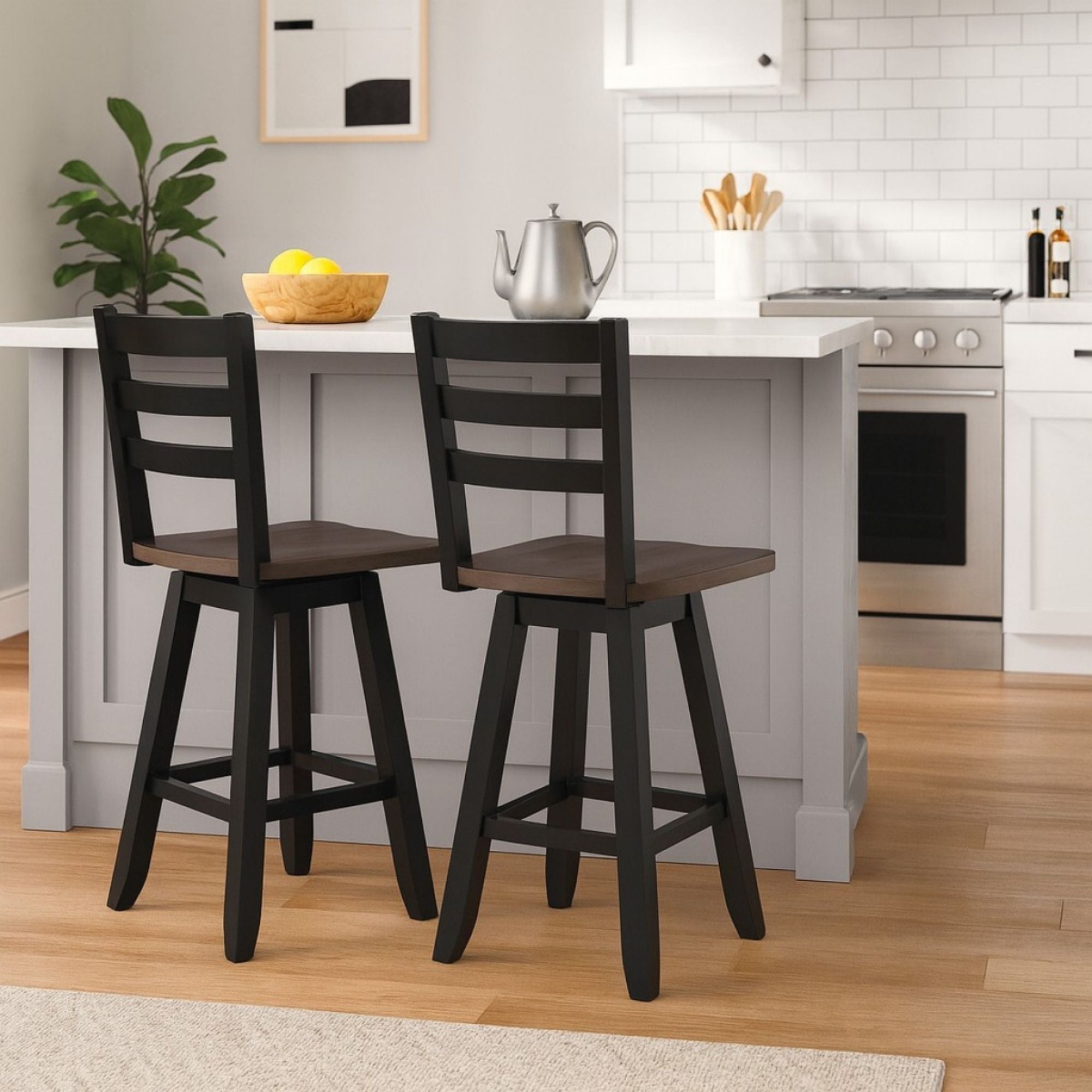 Set of two Brassex counter height swivel bar stools with oak seats and dark grey bases, perfect for modern kitchen or bar area.