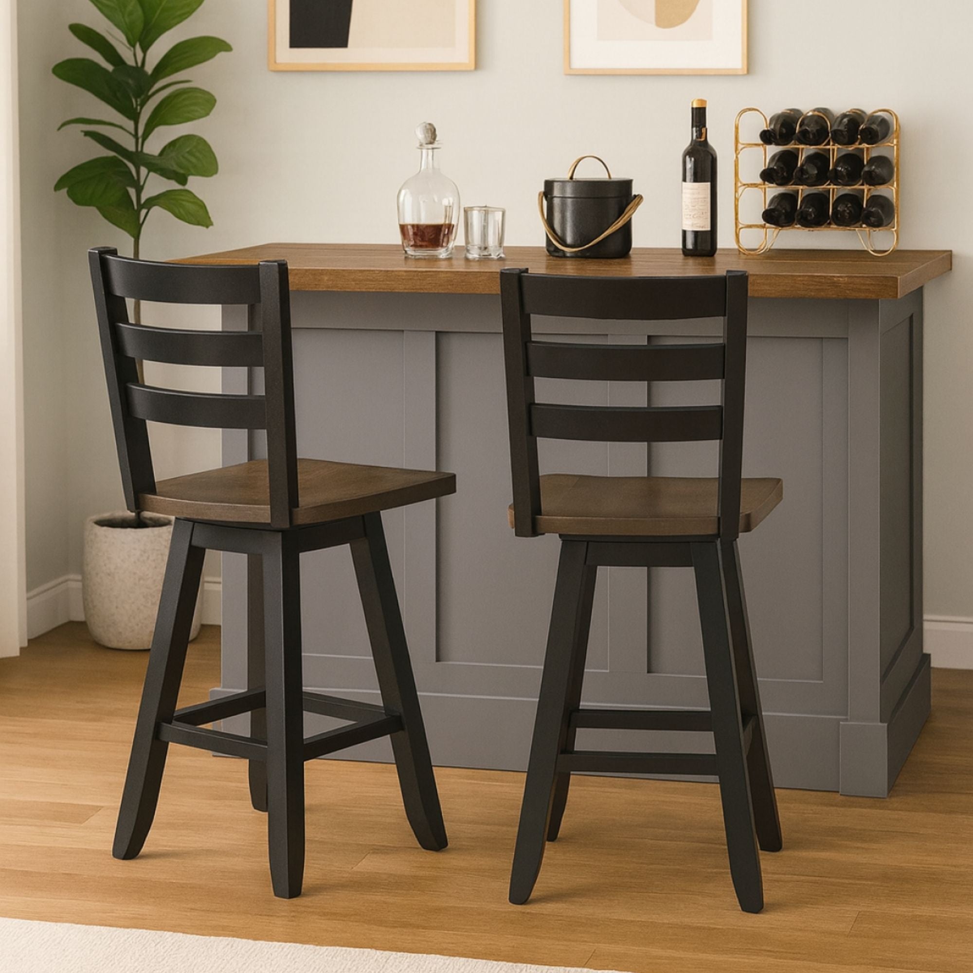 Pair of Brassex counter height swivel bar stools in oak and dark grey with modern design, set of 2.