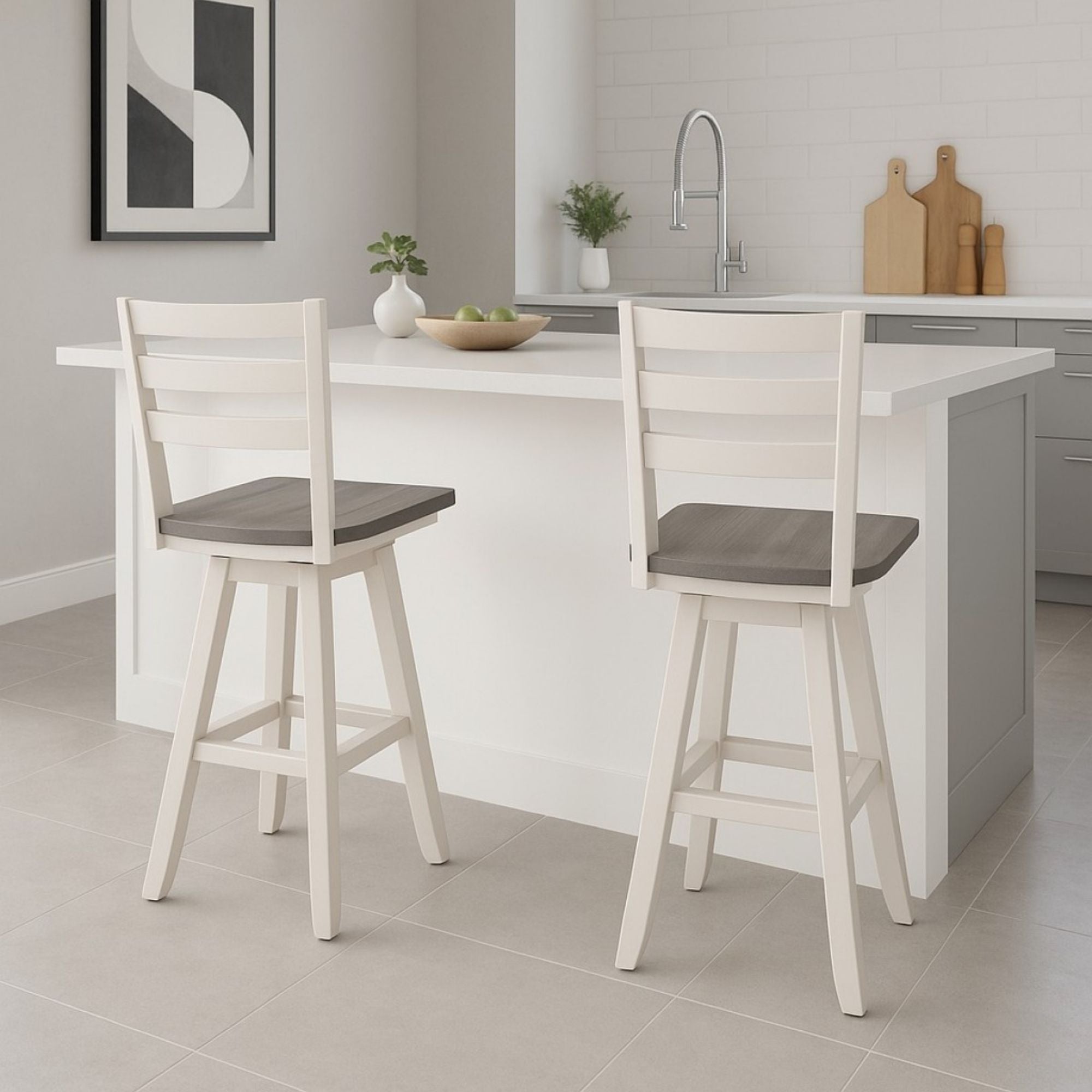 Set of two Brassex counter height swivel bar stools in grey and white with cushioned seats and modern design.