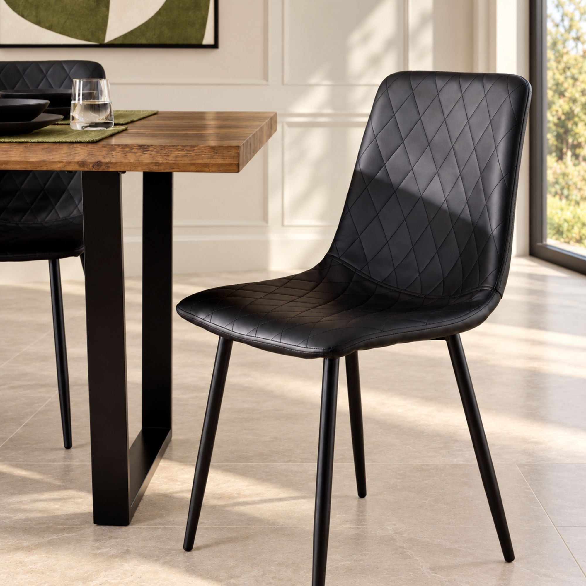 Natural Dining Set with Black Faux Leather Chairs